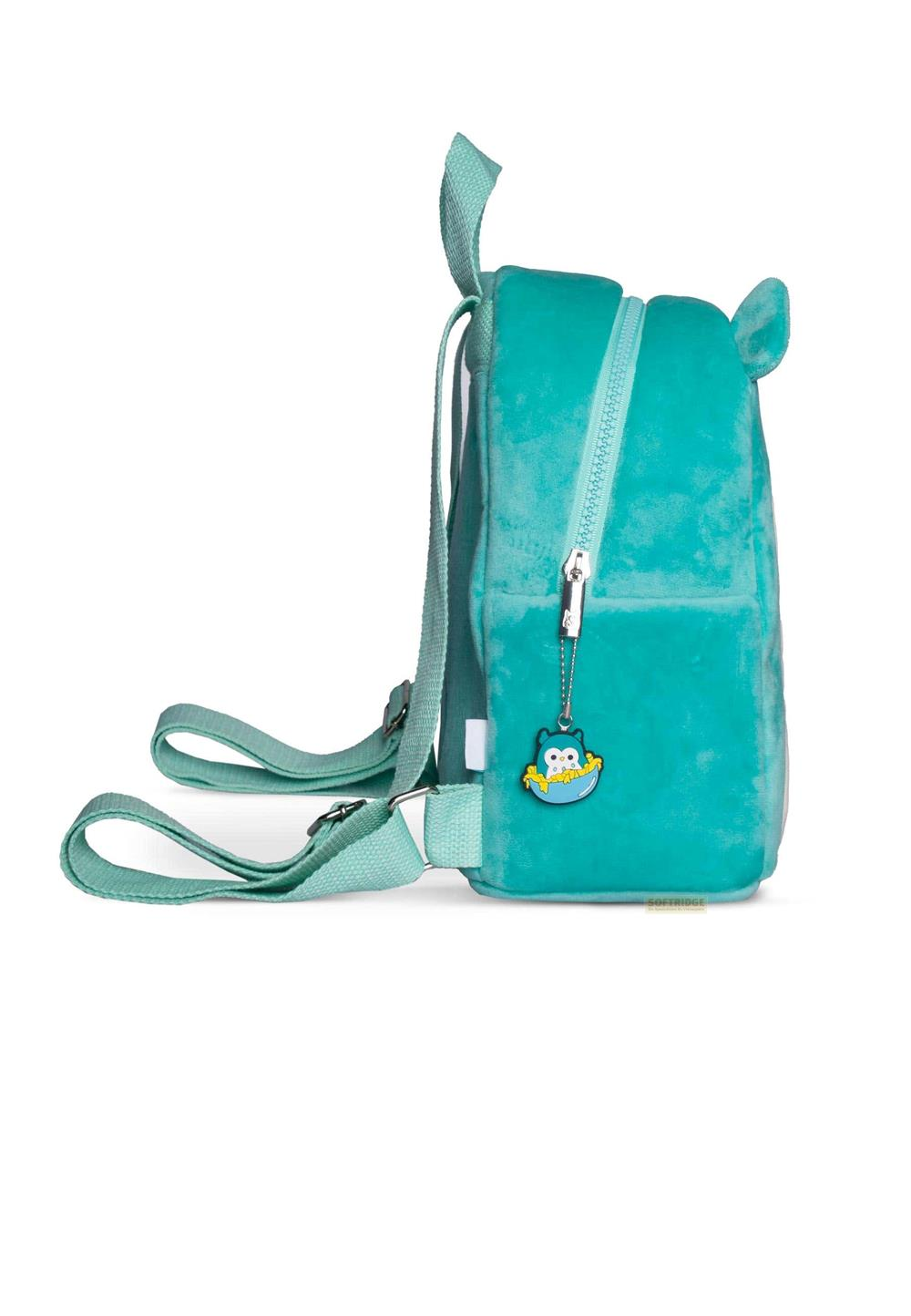 Ein türkisfarbener Plüschrucksack mit einem Eulenanhänger. Verstellbare Träger.