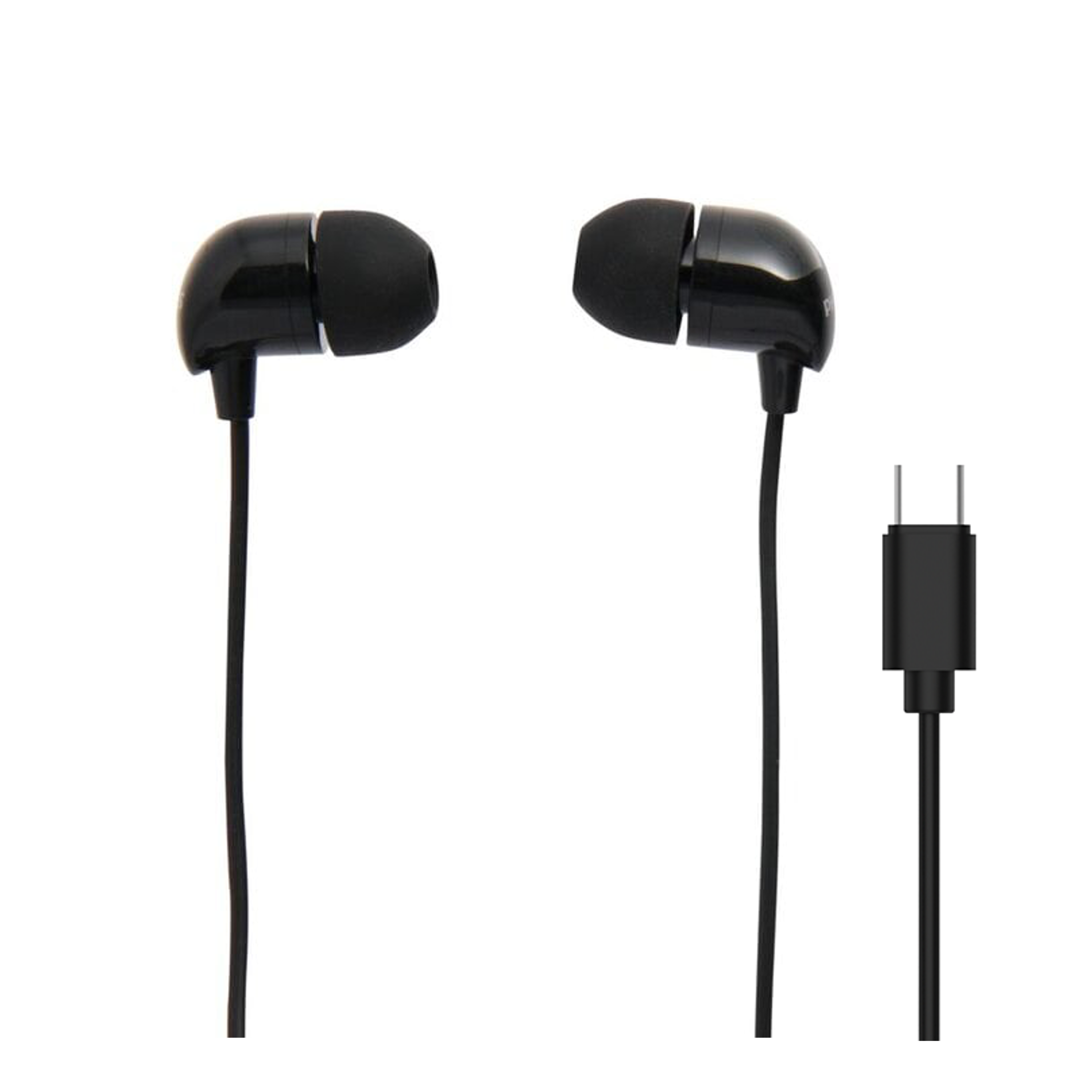 Schwarze Ohrhörer mit USB-C-Anschluss auf weißem Hintergrund.