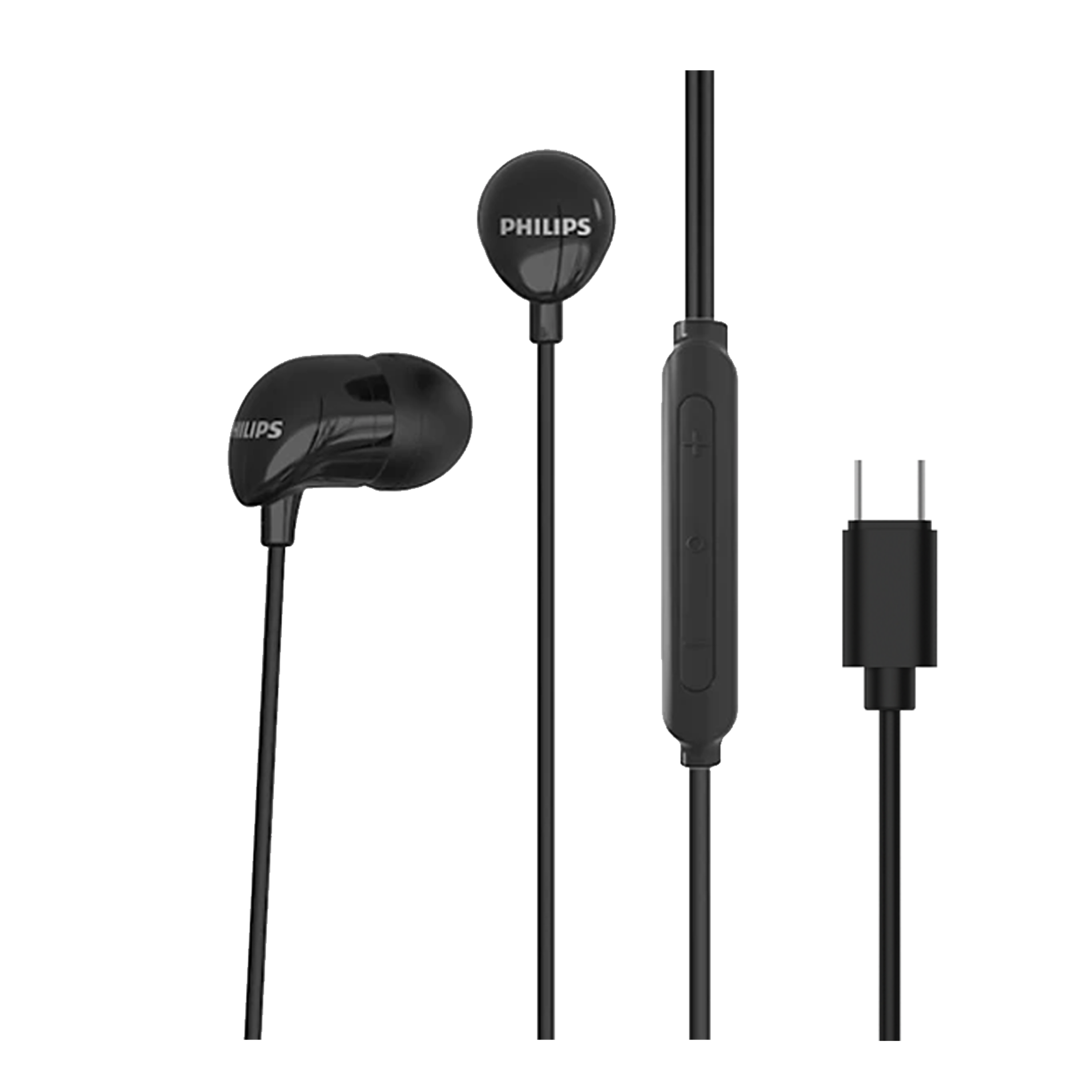 Schwarze Philips In-Ear-Kopfhörer mit USB-C-Anschluss und integrierter Fernbedienung.