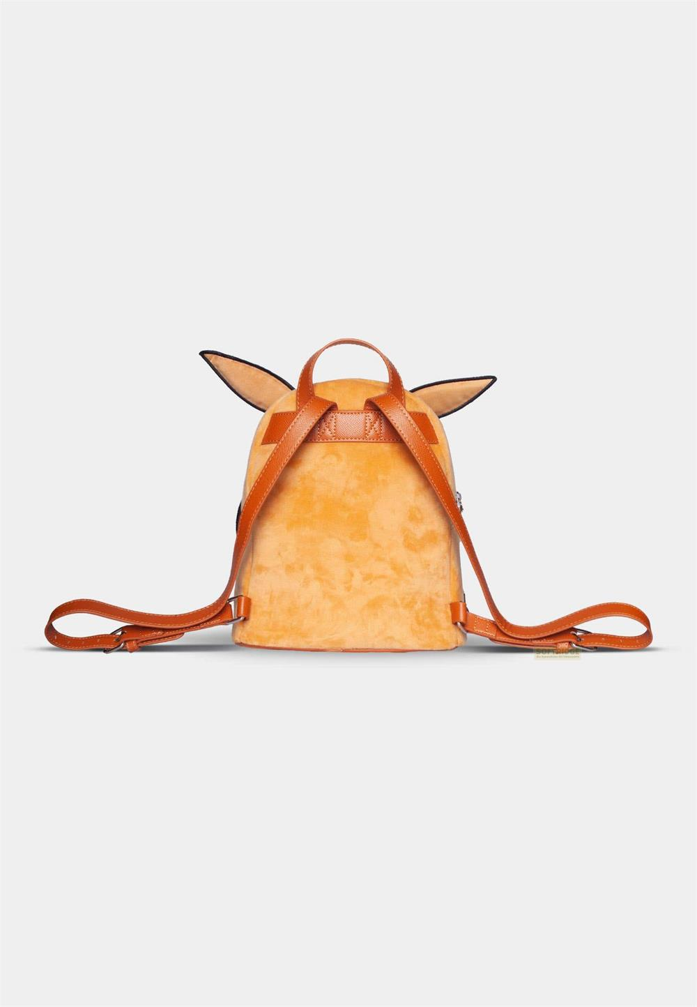 Ein orangefarbener Rucksack mit Ohren und braunen Riemen.