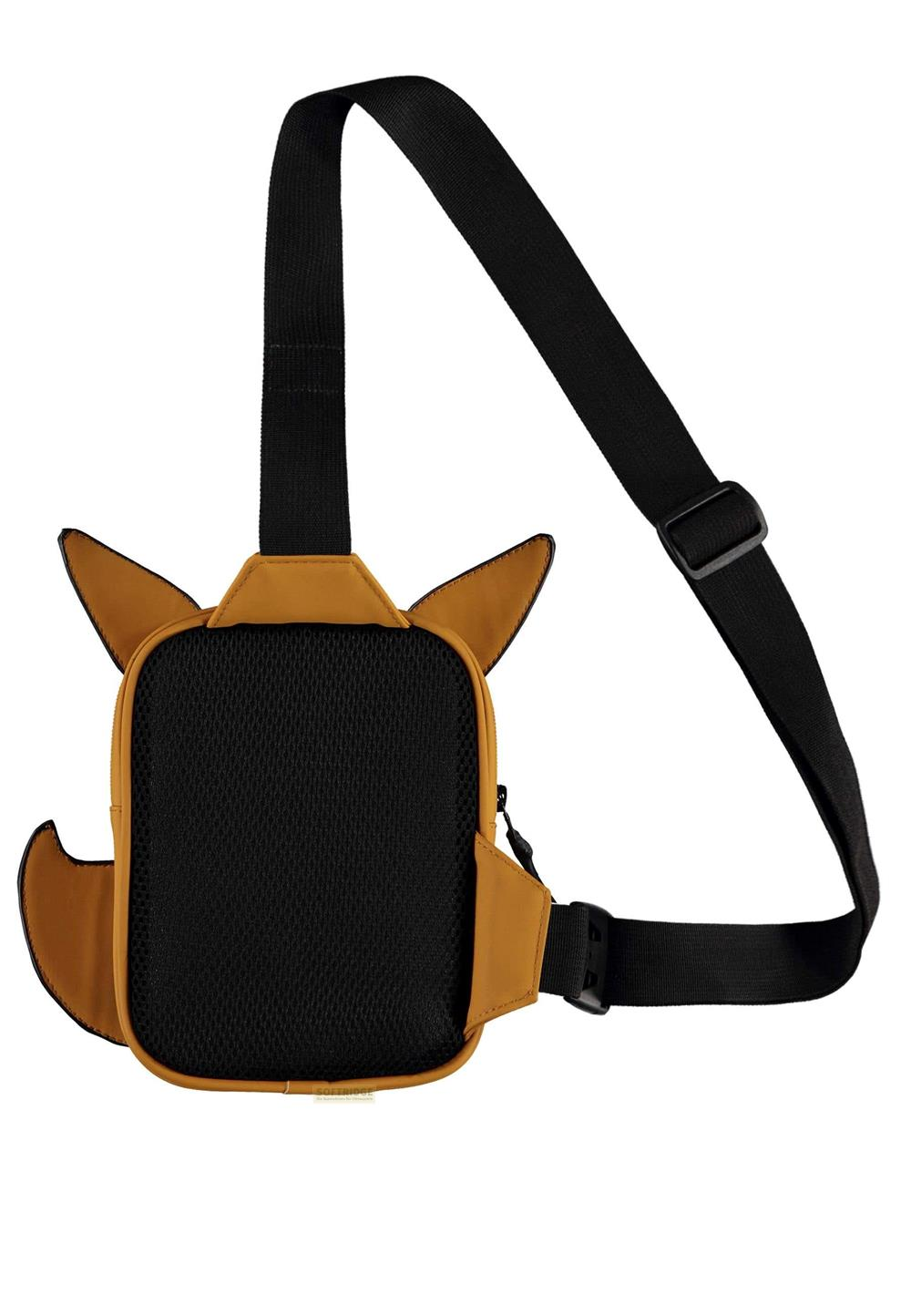 Ein brauner Rucksack mit Ohren und schwarzem Gurtzeug.