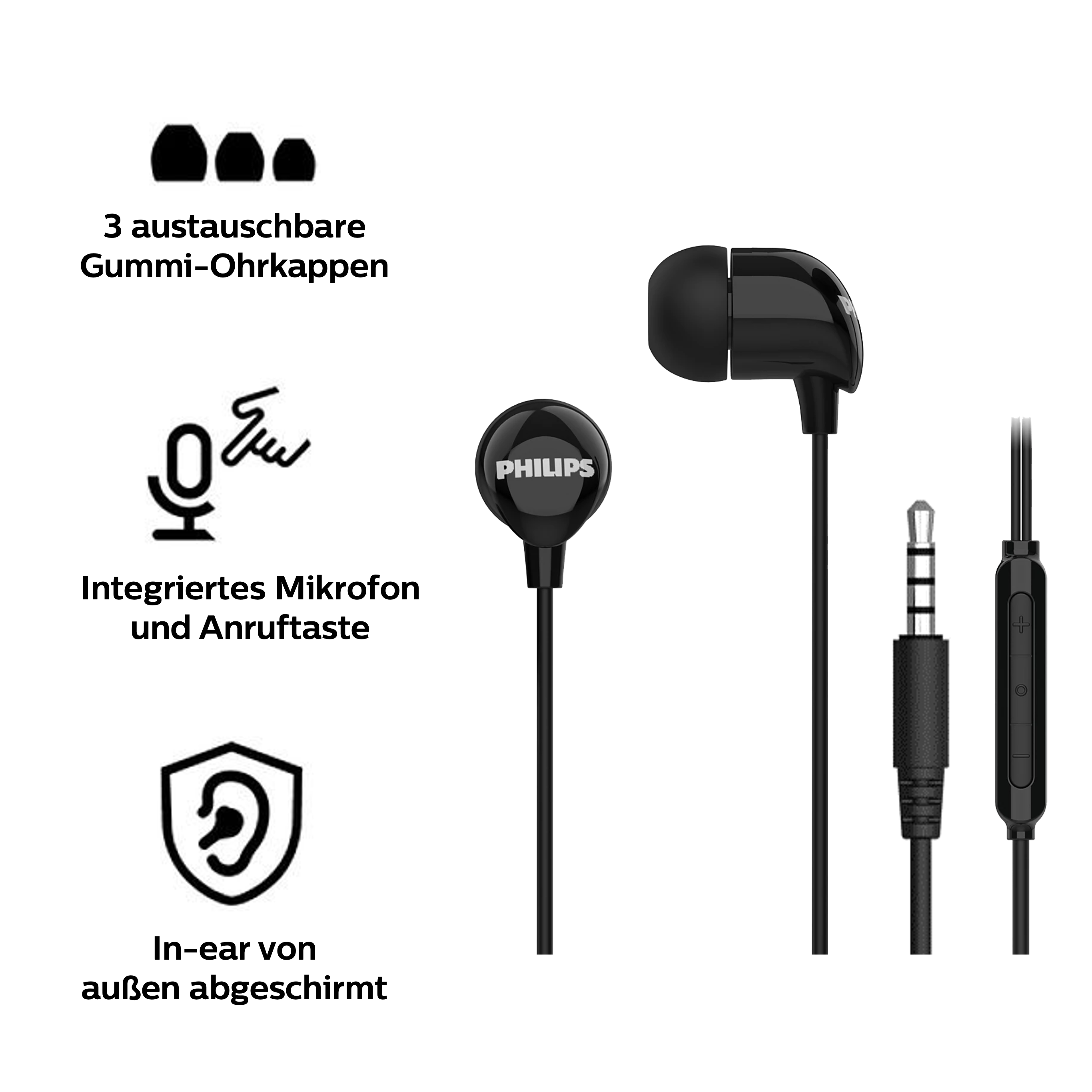 Schwarze Philips In-Ear Kopfhörer mit Mikrofon, Anruftaste und drei Ohrkappen.