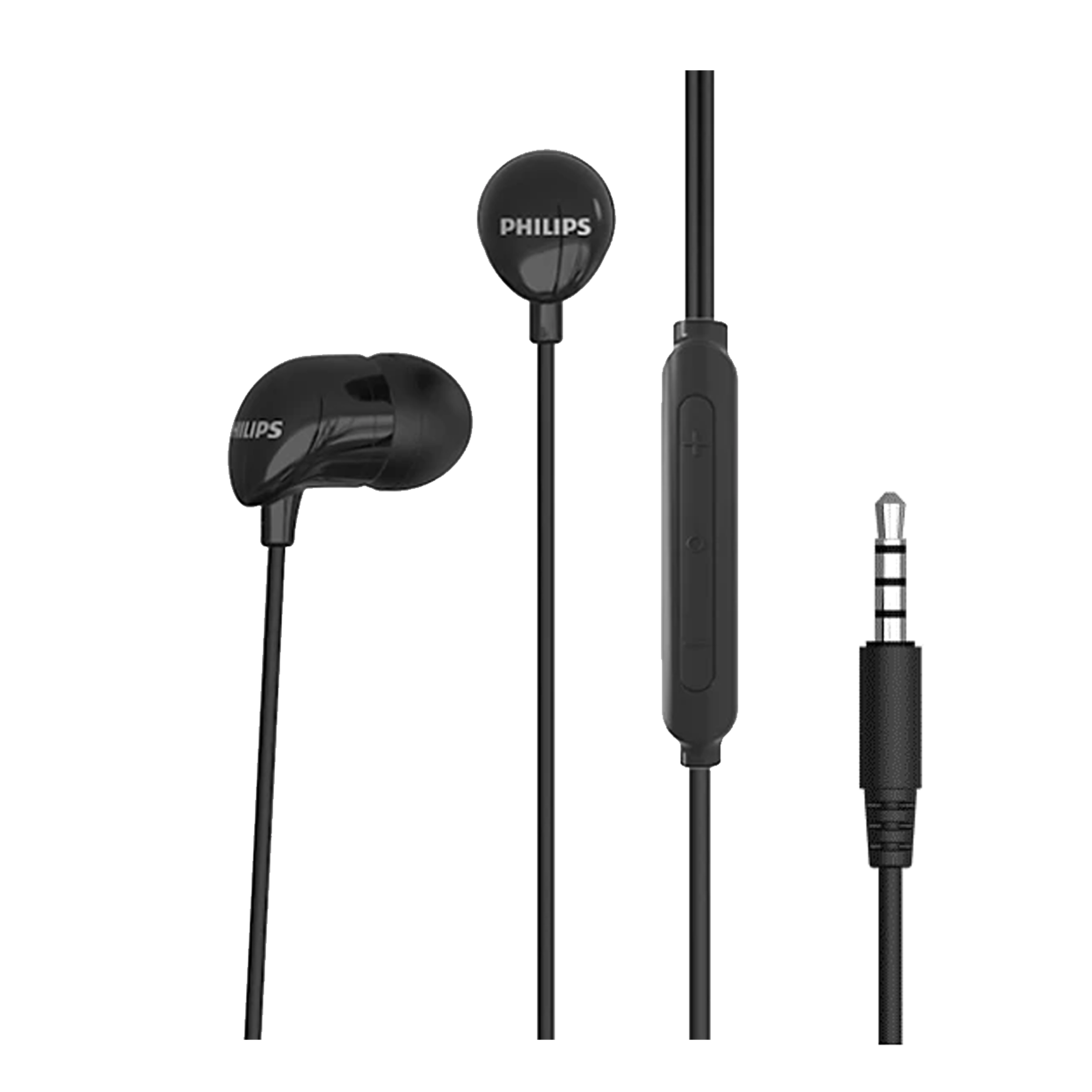 Schwarze Philips-Kopfhörer mit Inline-Mikrofon und 3,5-mm-Stecker.