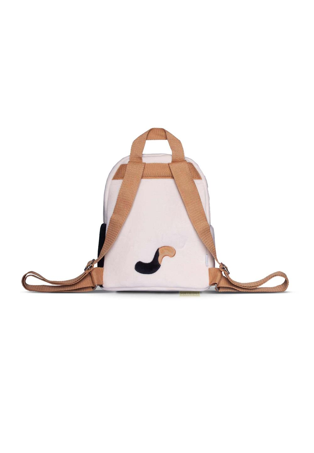 Una mochila blanca con correas marrones y detalle de cola negro y marrón.