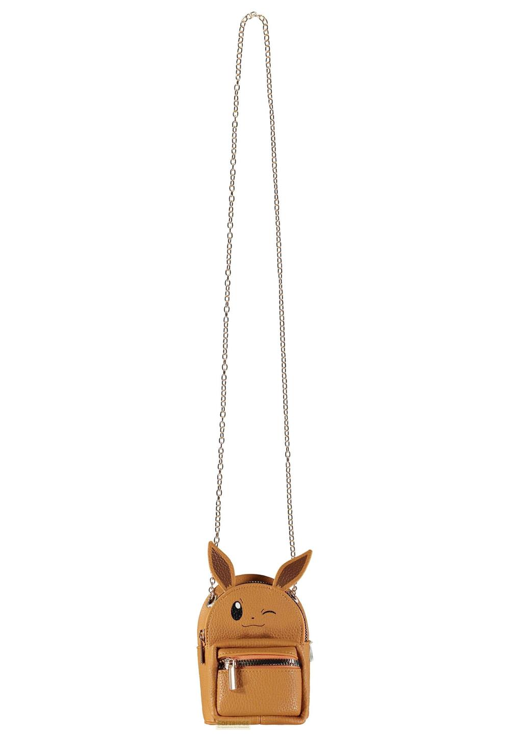 Eine braune Mini-Umhängetasche mit Evoli-Design und silberner Kette.
