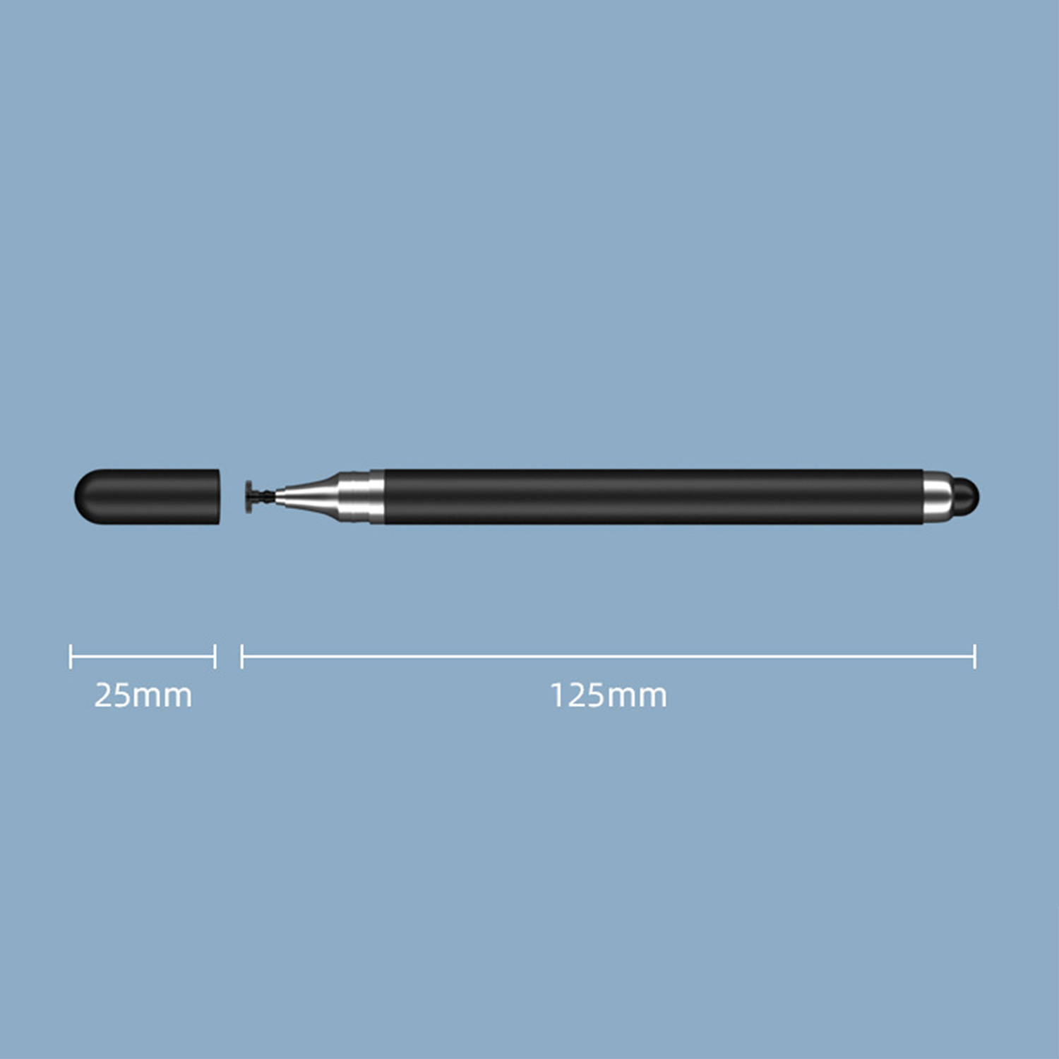Schwarzer Stift mit abgenommener Kappe, Maße 25mm und 125mm.