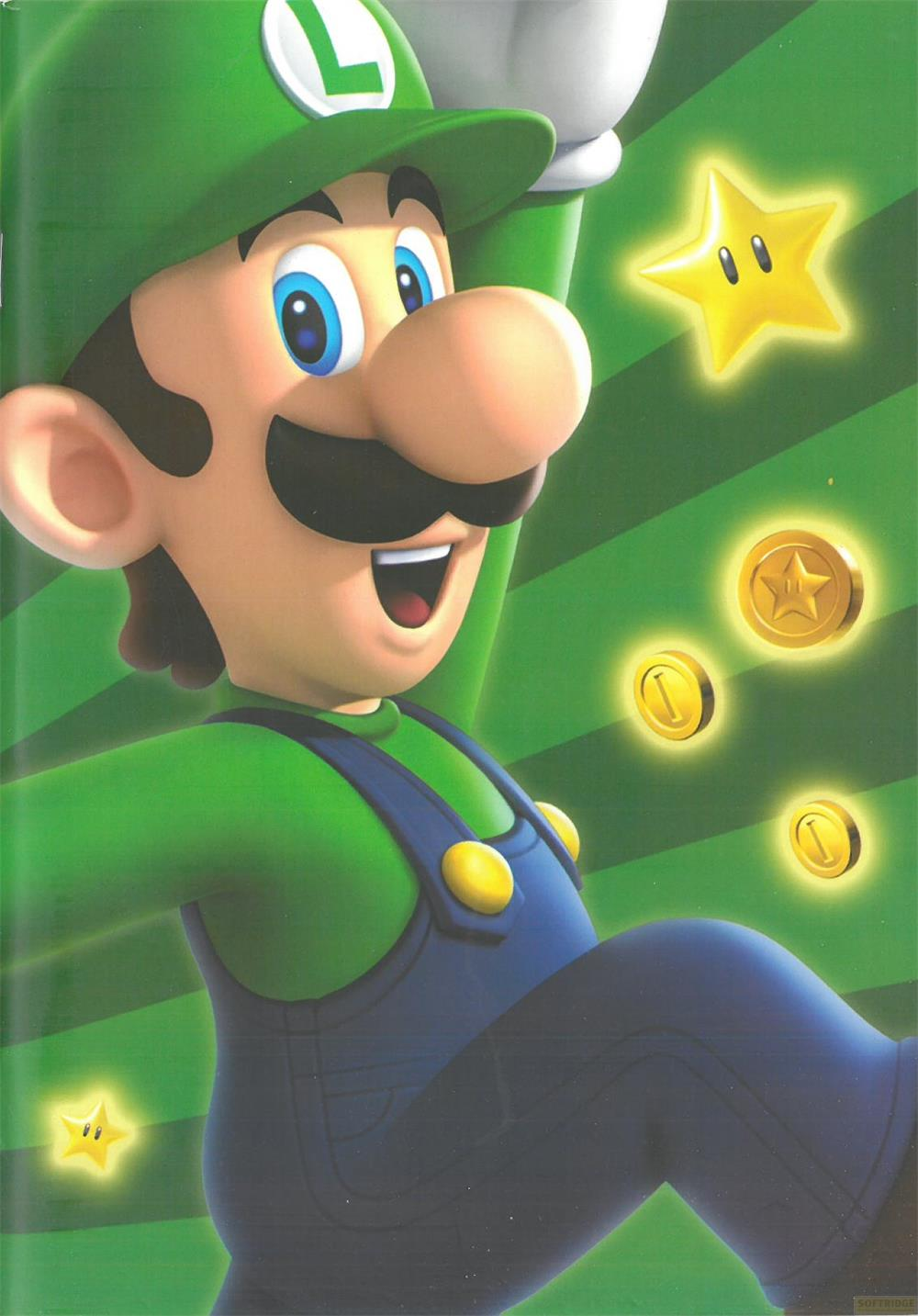 Luigi in Grün mit Latzhose, umgeben von Sternen und Münzen auf grünem Hintergrund.