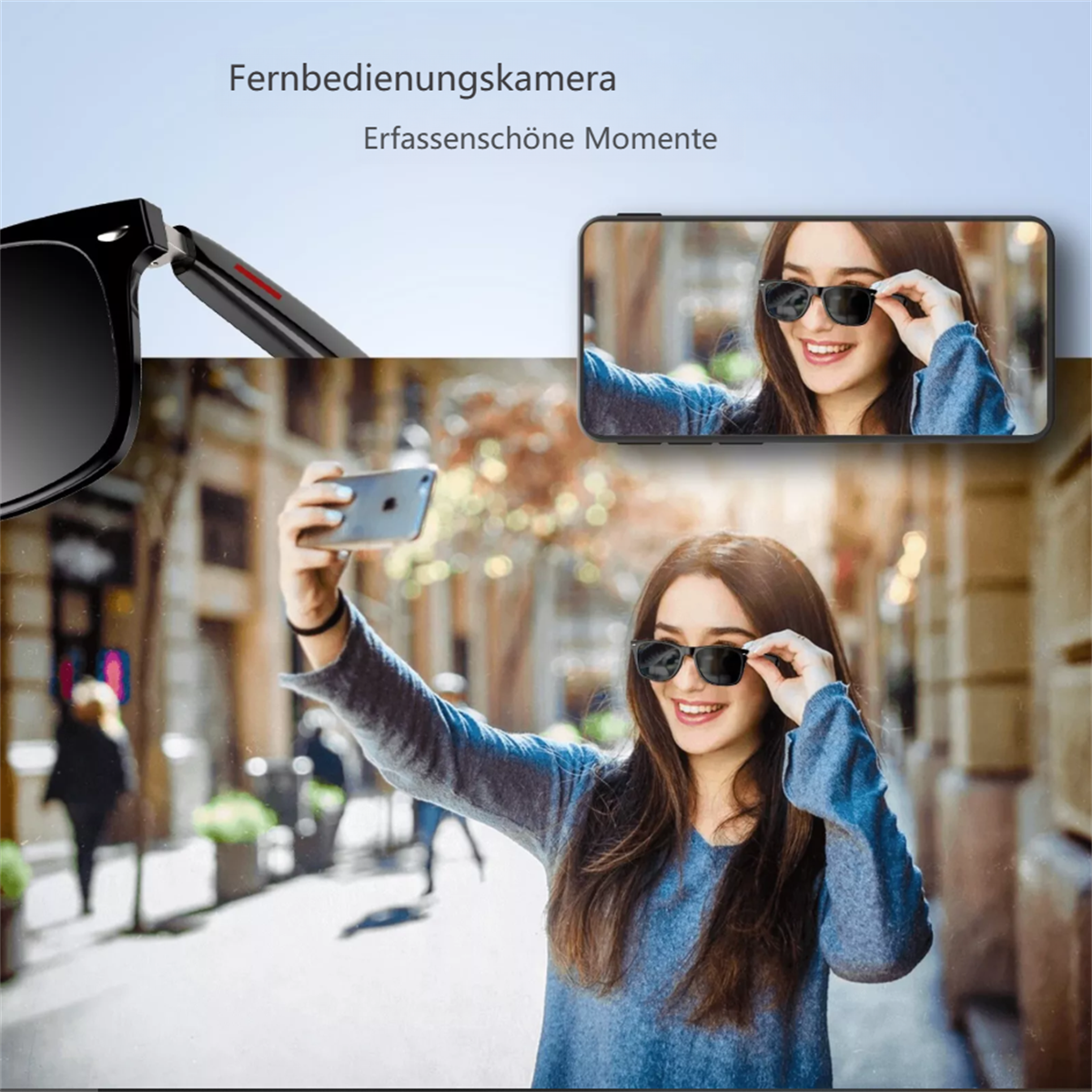 Frau macht ein Selfie in der Stadt mit einer Sonnenbrillen-Kamera.