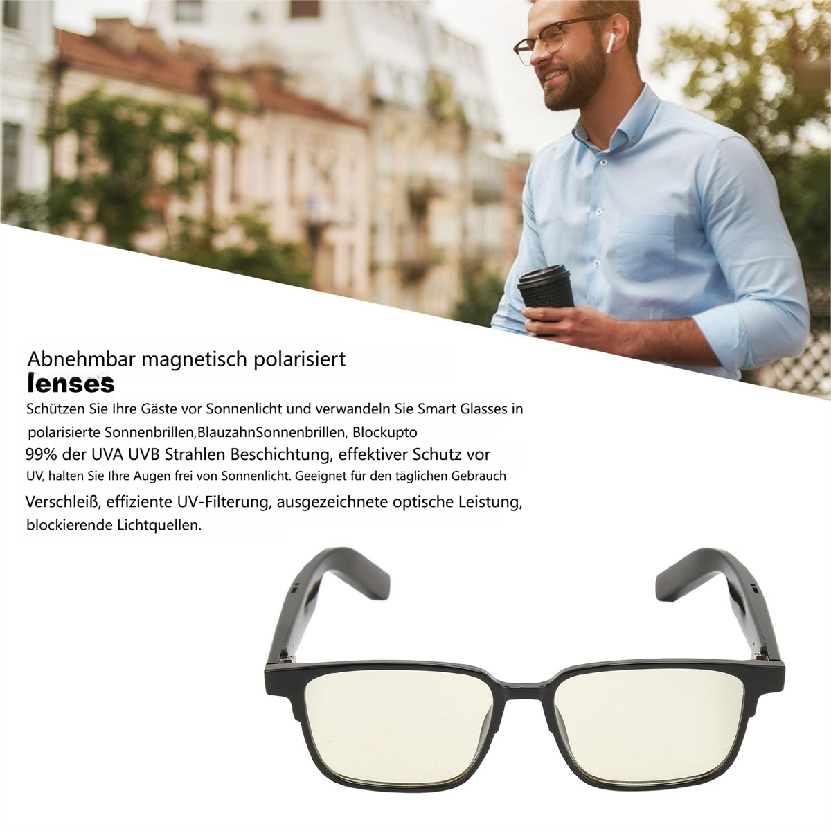 Mann mit Brille und Kaffeebecher, darunter eine schwarze Brille.