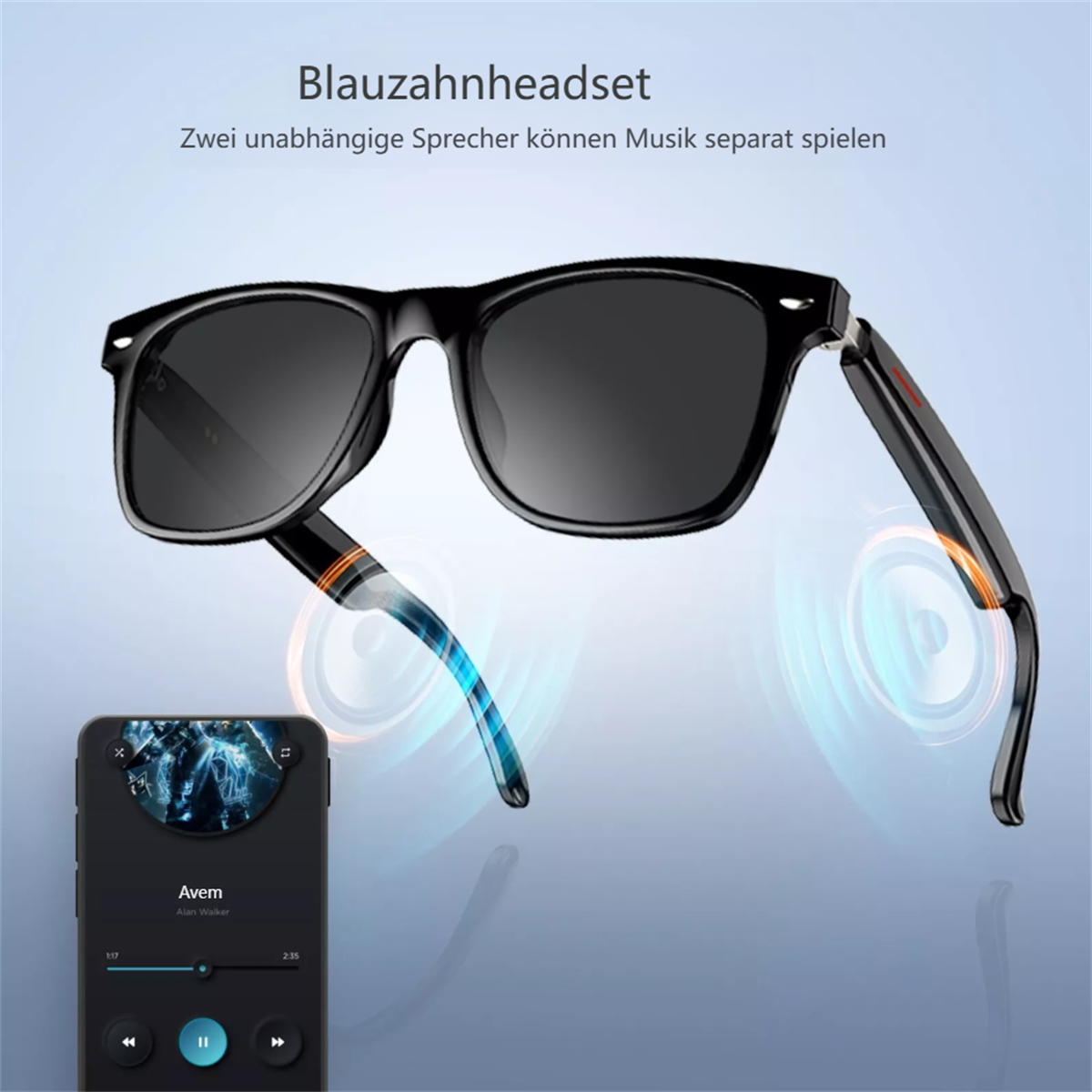 Schwarze Sonnenbrille mit integrierten Lautsprechern und einem Smartphone.