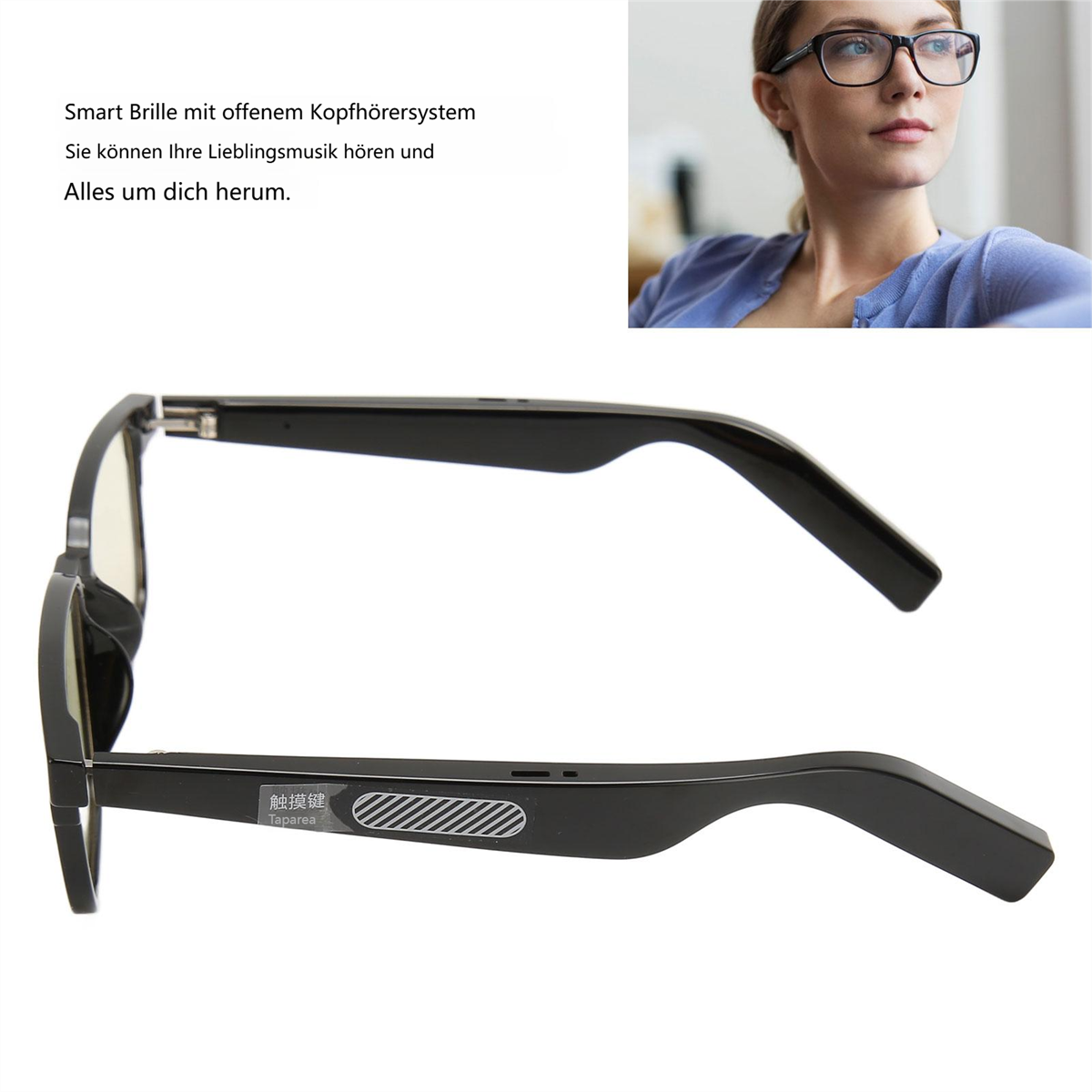 Schwarze Smart-Brille mit offenem Hörersystem und einem Touchpad.