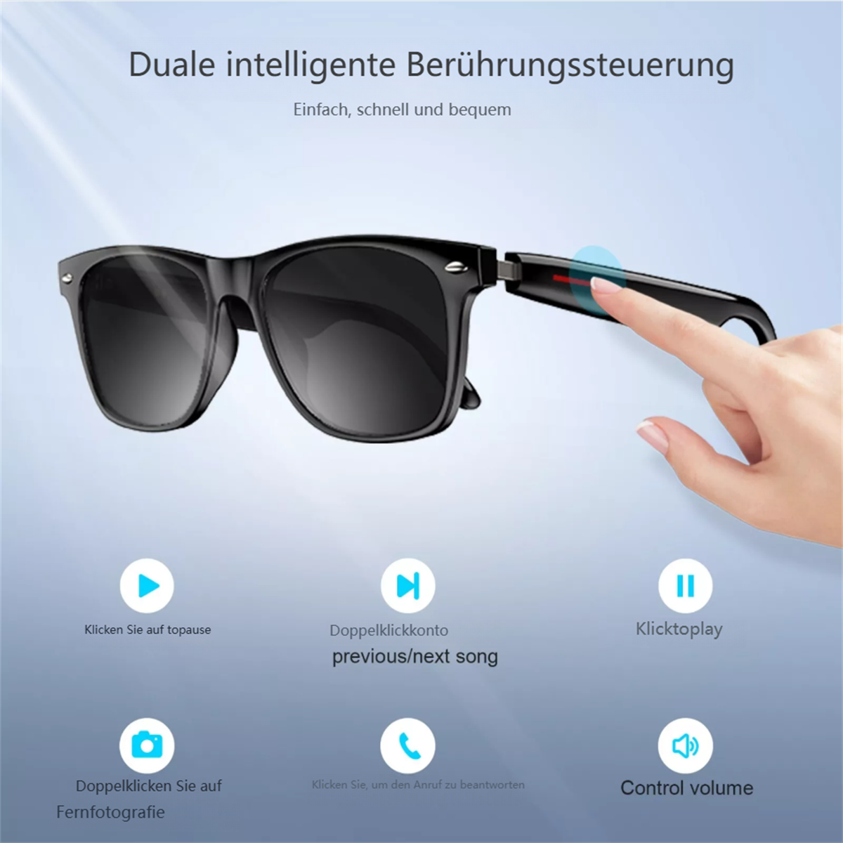 Schwarze Sonnenbrille mit Touch-Steuerung, zeigt Funktionen wie Pause, Songwechsel, Foto und Lautstärke.