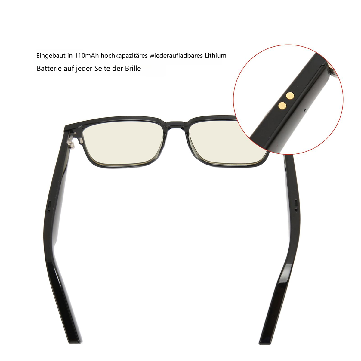 Schwarze Brille mit gelben Gläsern und Ladekontakten am Bügel.