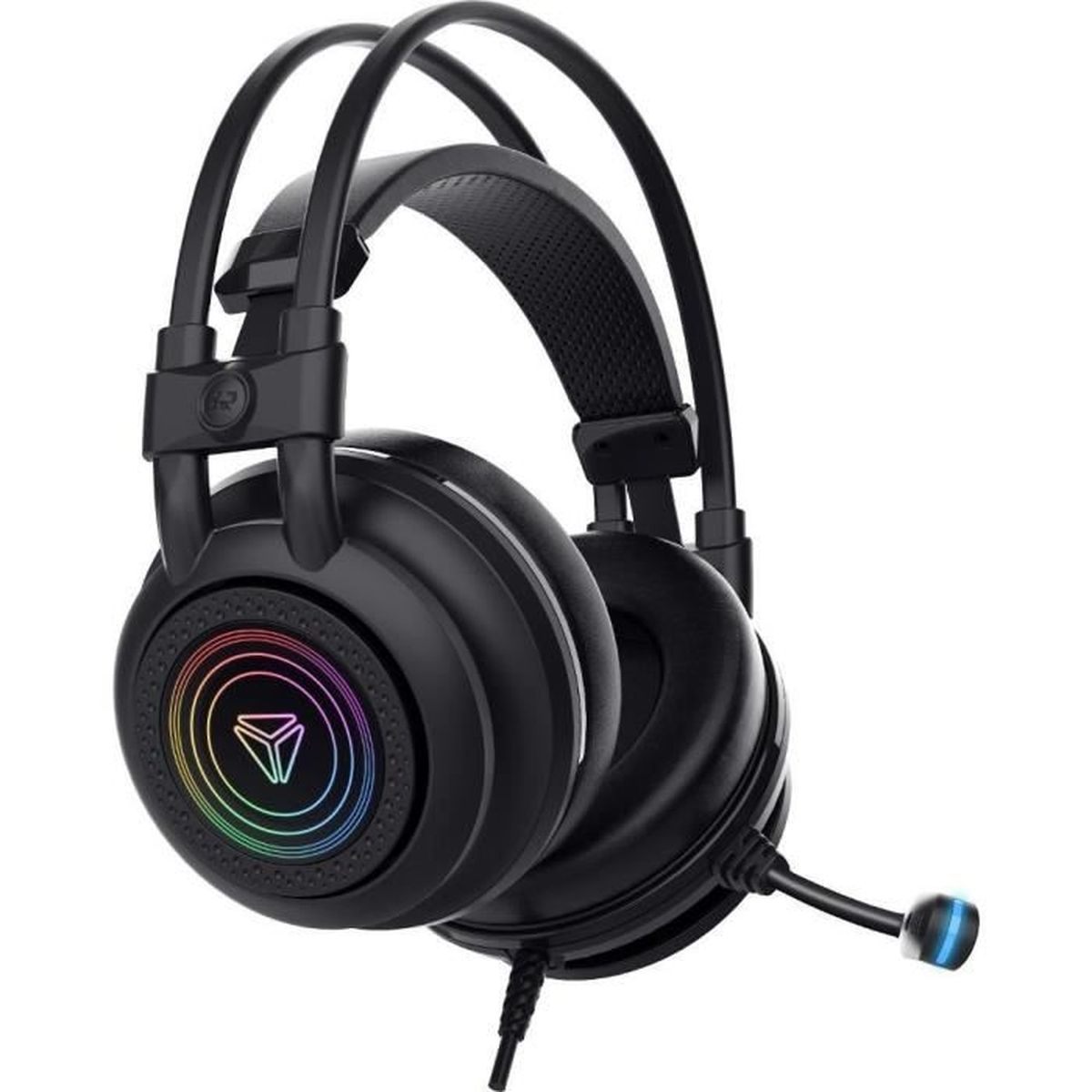 Schwarzer Gaming-Kopfhörer mit Mikrofon und bunter LED-Beleuchtung.