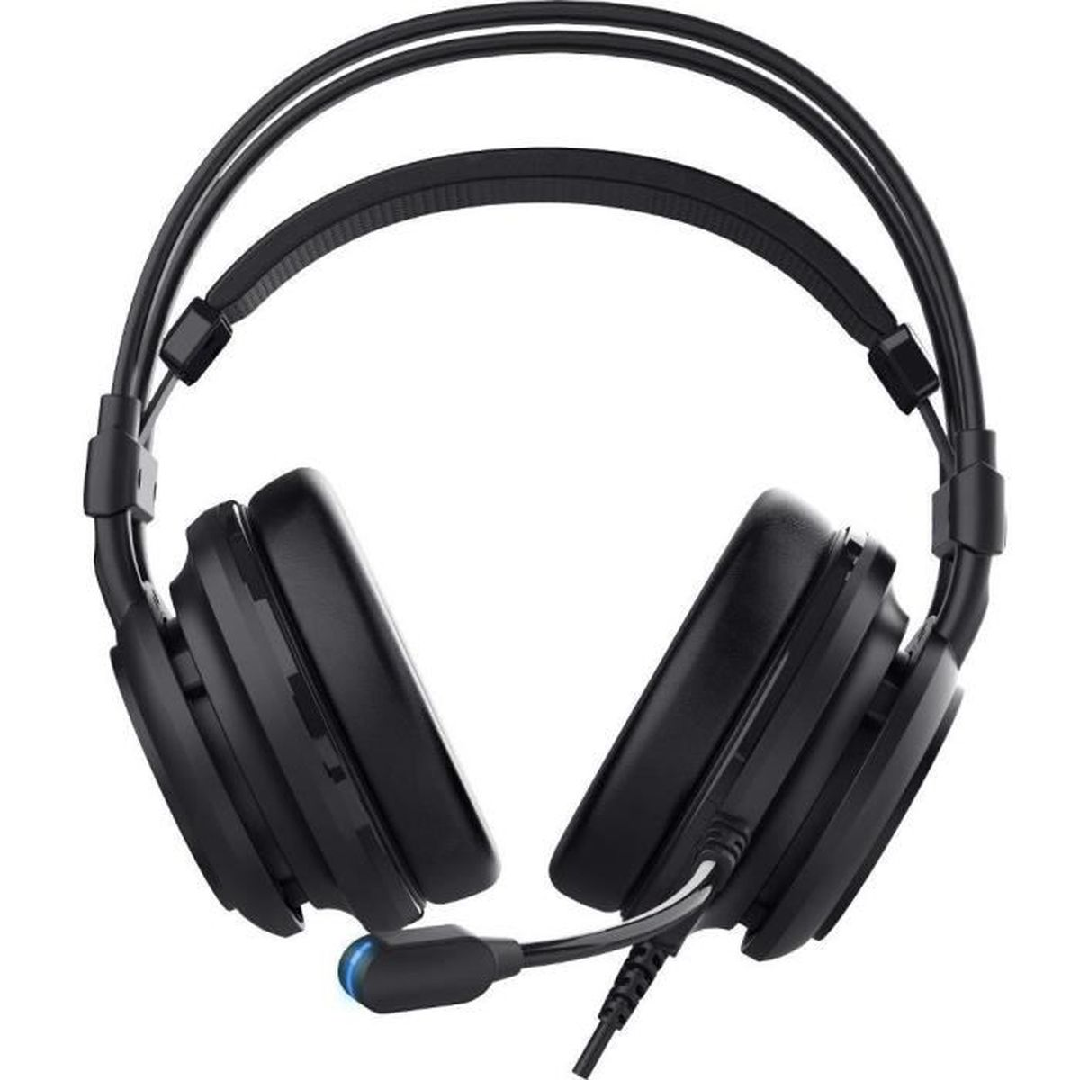 Schwarzer Gaming-Headset mit blauer LED am Mikrofon, auf weißem Grund.