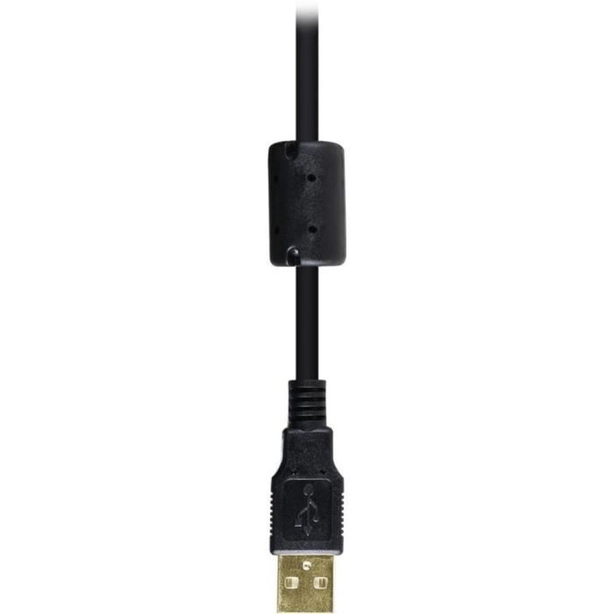 Schwarzes USB-Kabel mit Ferritkern und Stecker auf weißem Hintergrund.