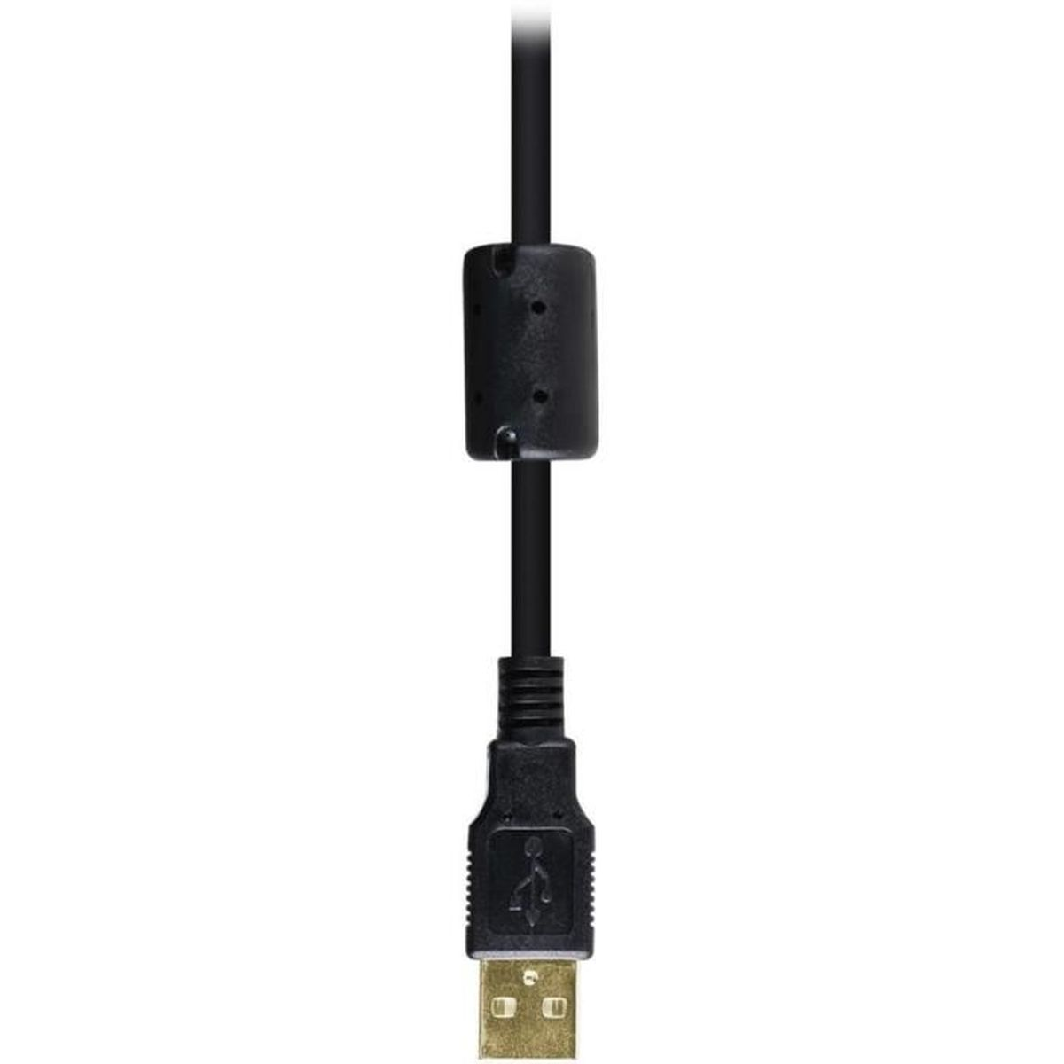 Cavo USB nero con nucleo di ferrite e connettore.