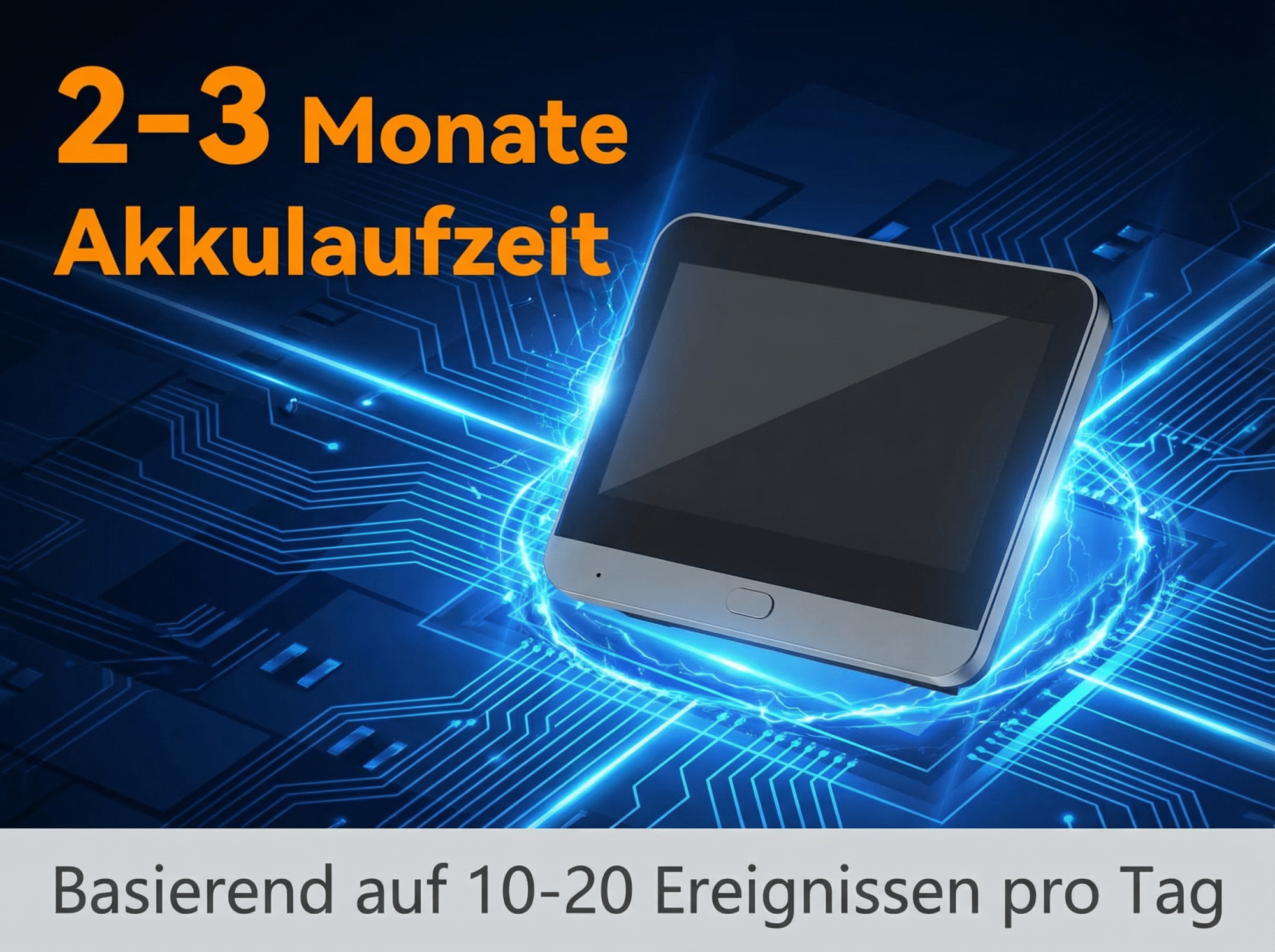 Ein kleines rechteckiges Gerät mit einem Bildschirm, umgeben von blauen Schaltkreisen.