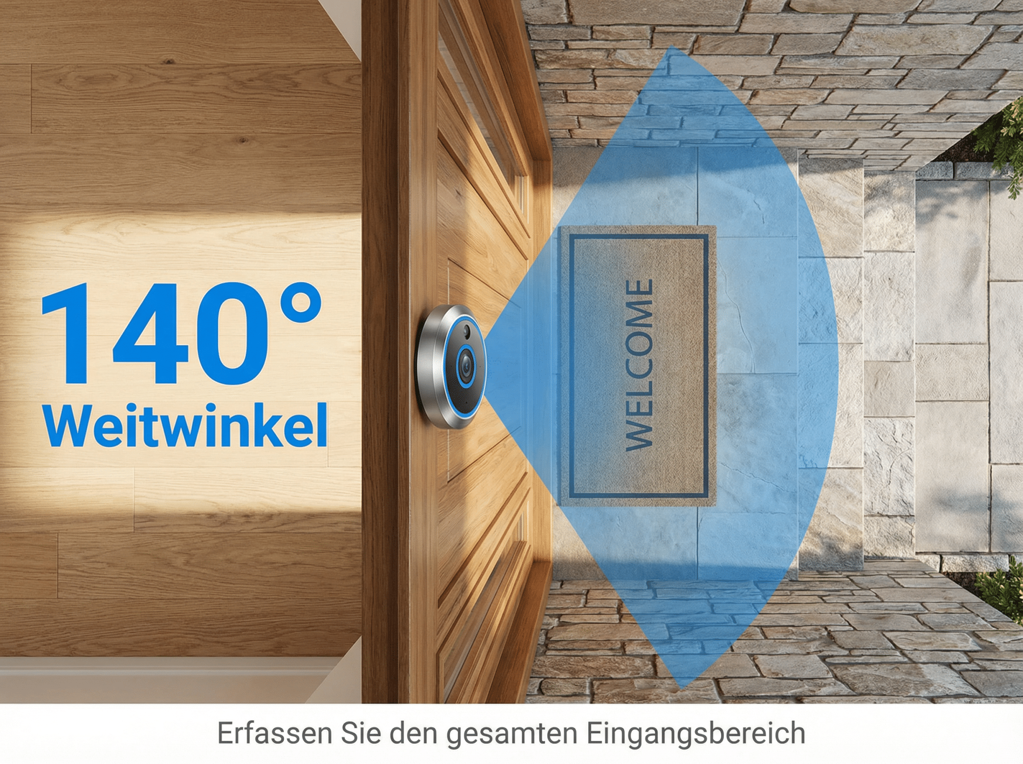 Türkisblauer Kegel über Fußmatte vor Holztür, 140° Weitwinkel.