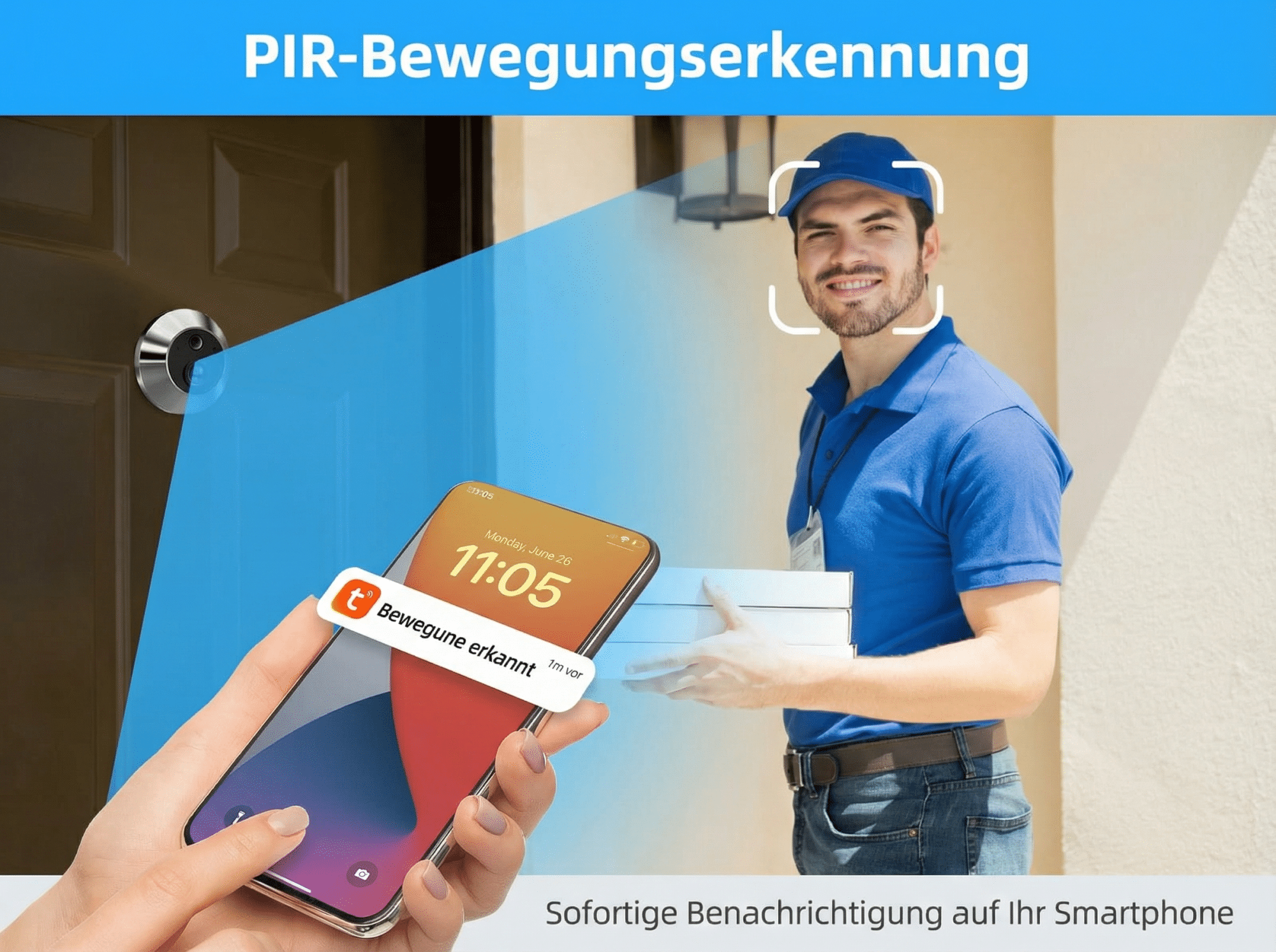 Ein Türspion erkennt einen Lieferanten mit Paketen. Ein Handy zeigt eine Benachrichtigung.