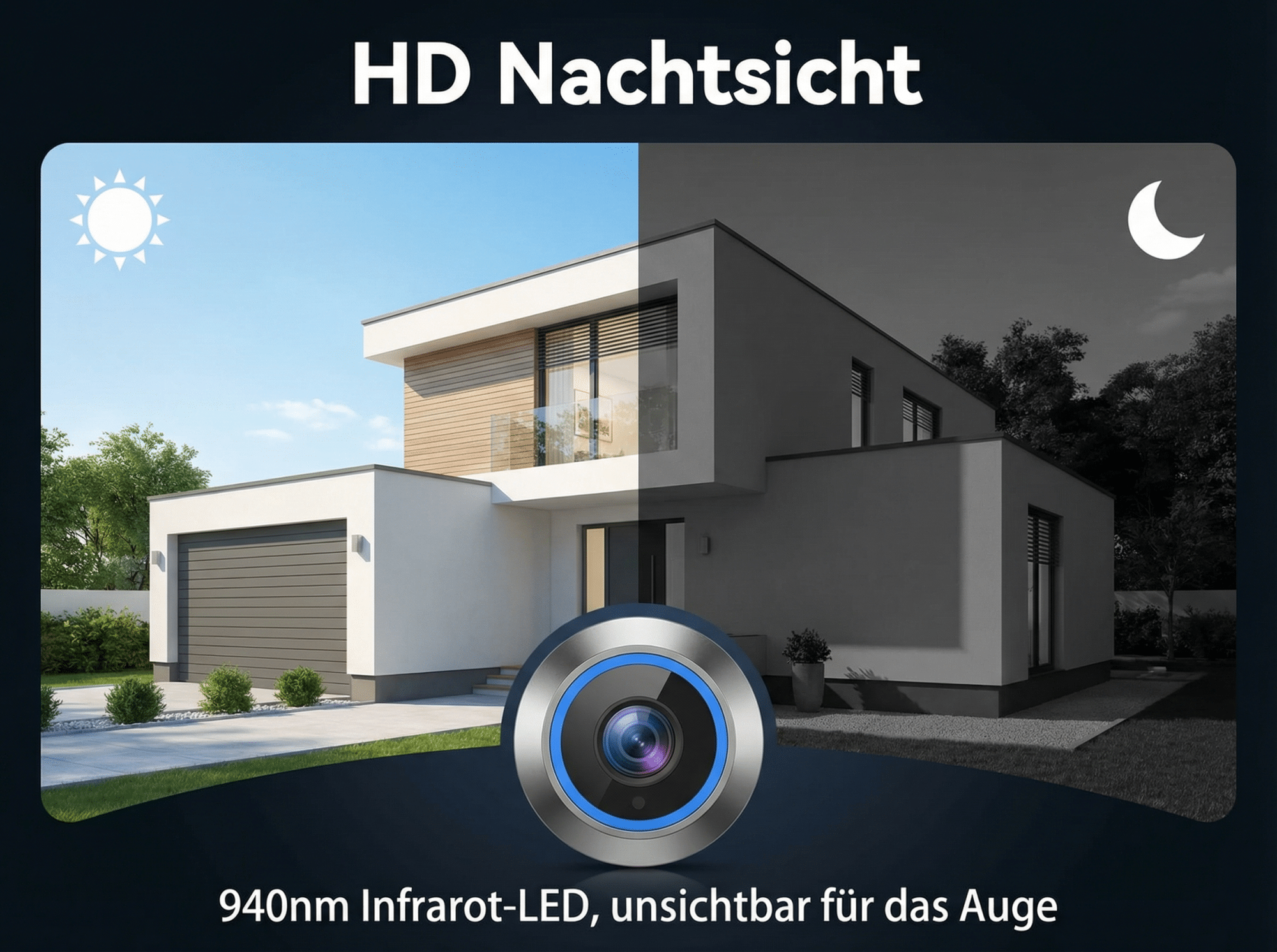 Moderne Hausansicht bei Tag und Nacht mit Überwachungskamera im Vordergrund.
