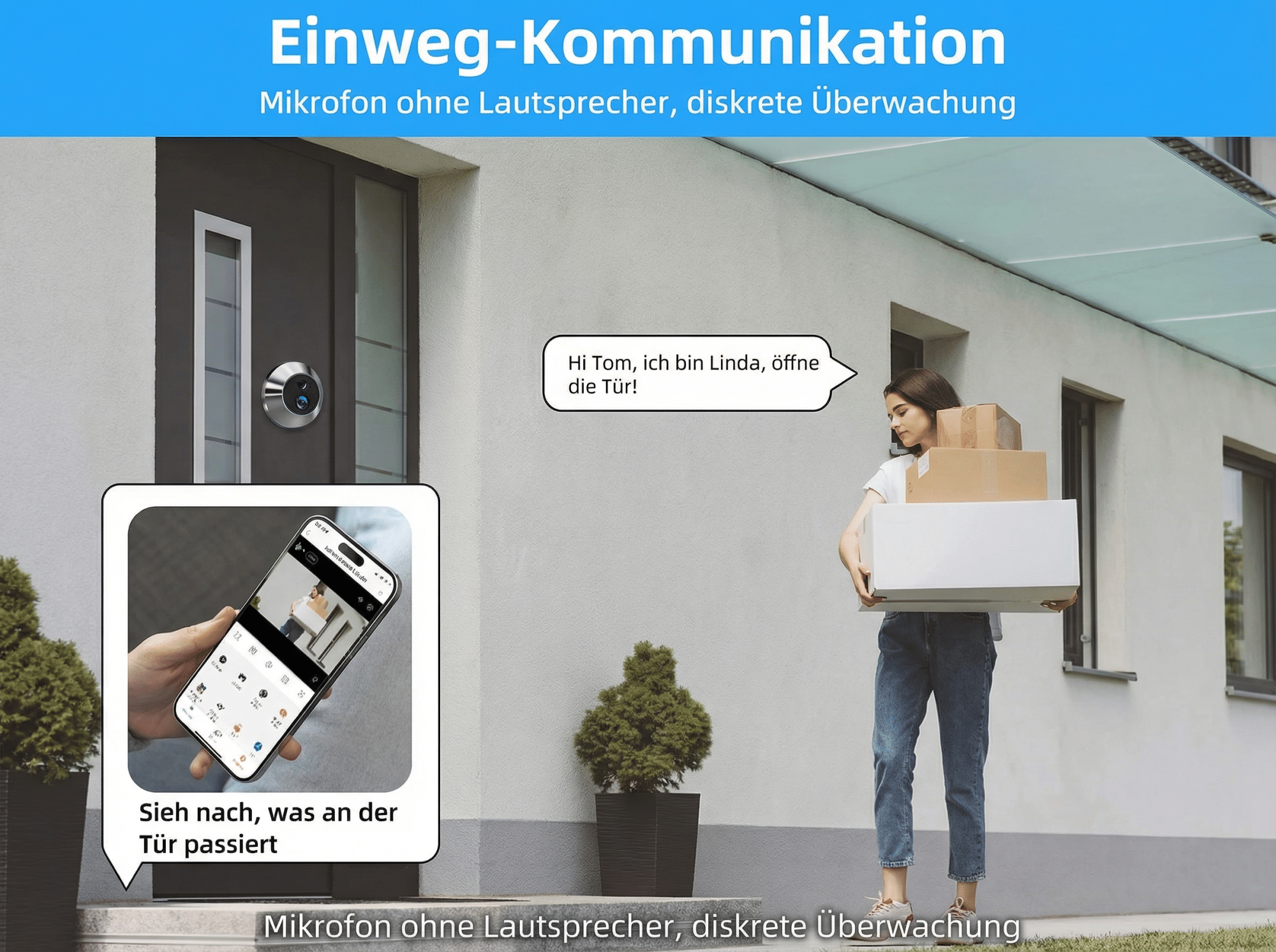 Eine Frau mit Paketen spricht über eine Gegensprechanlage. Ein Handy zeigt die Türansicht.