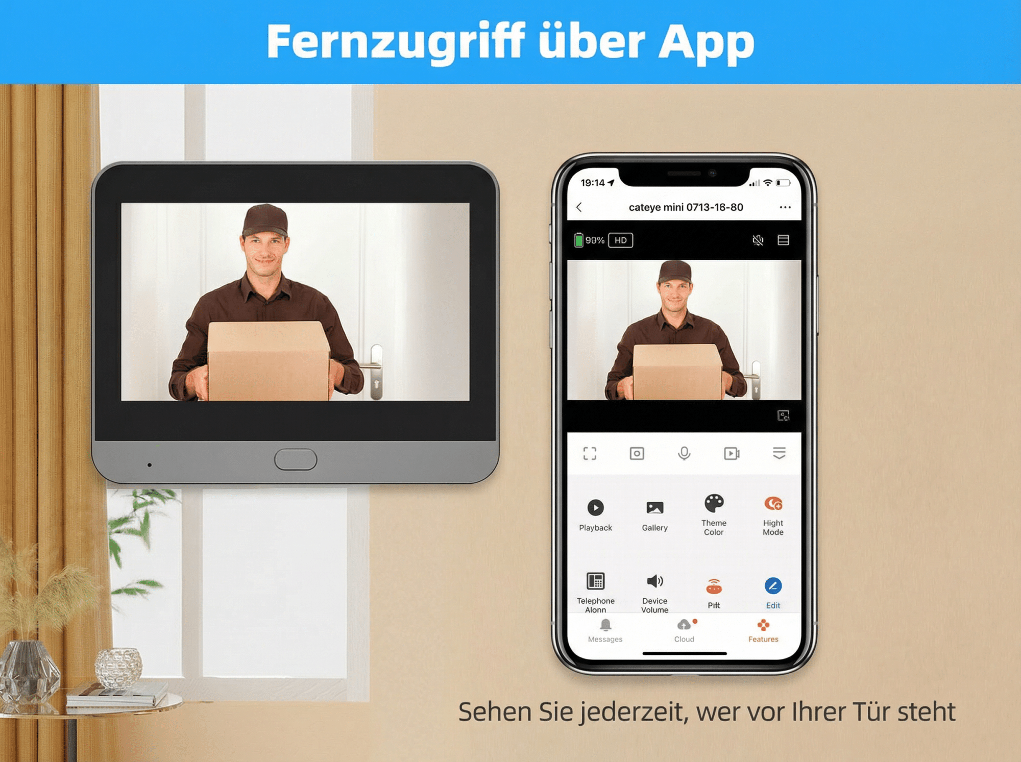 Lieferant mit Paket auf Tablet und Smartphone-App gezeigt.
