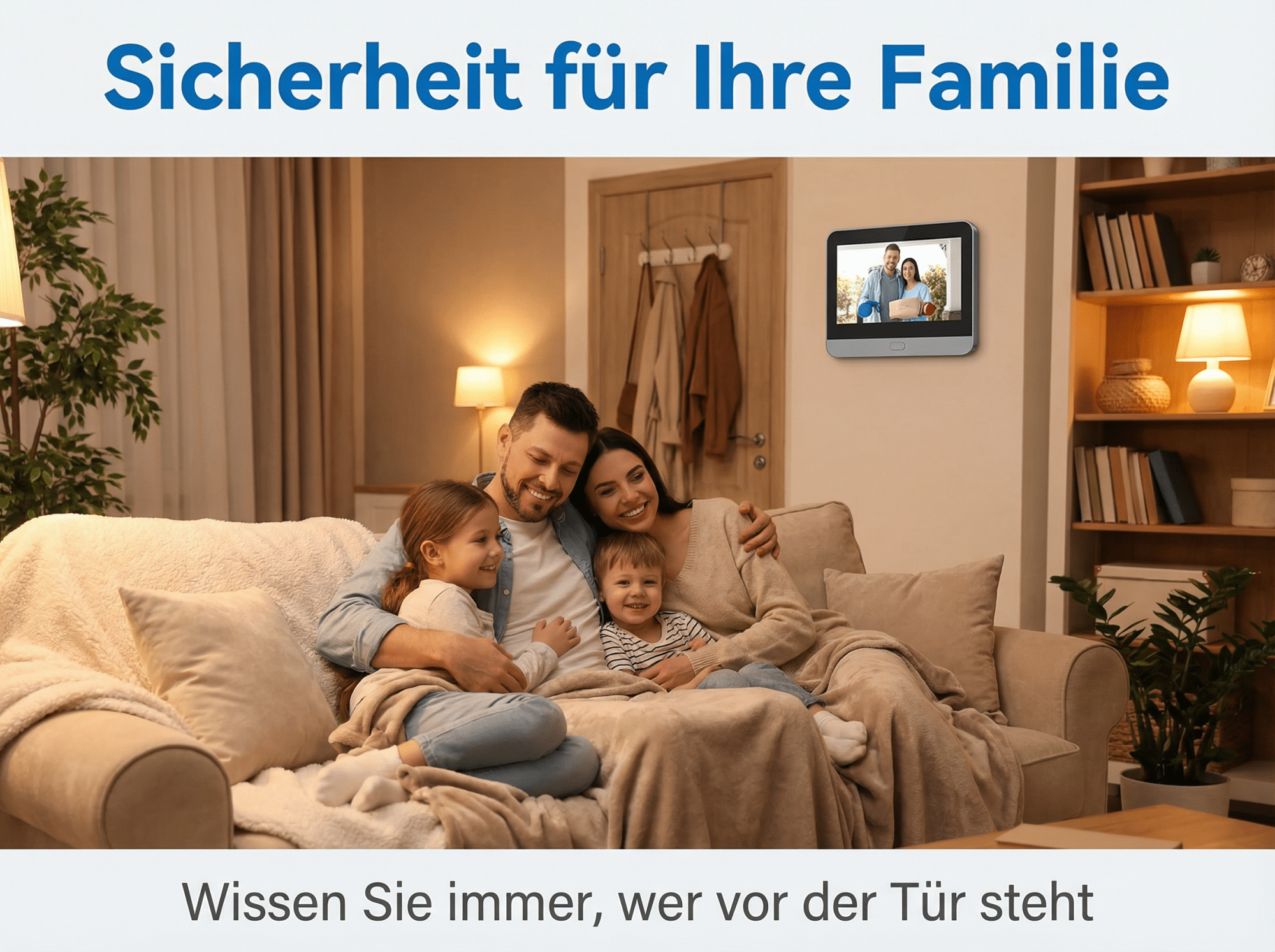Familie auf Sofa vor Türspion, der ein Paar zeigt.