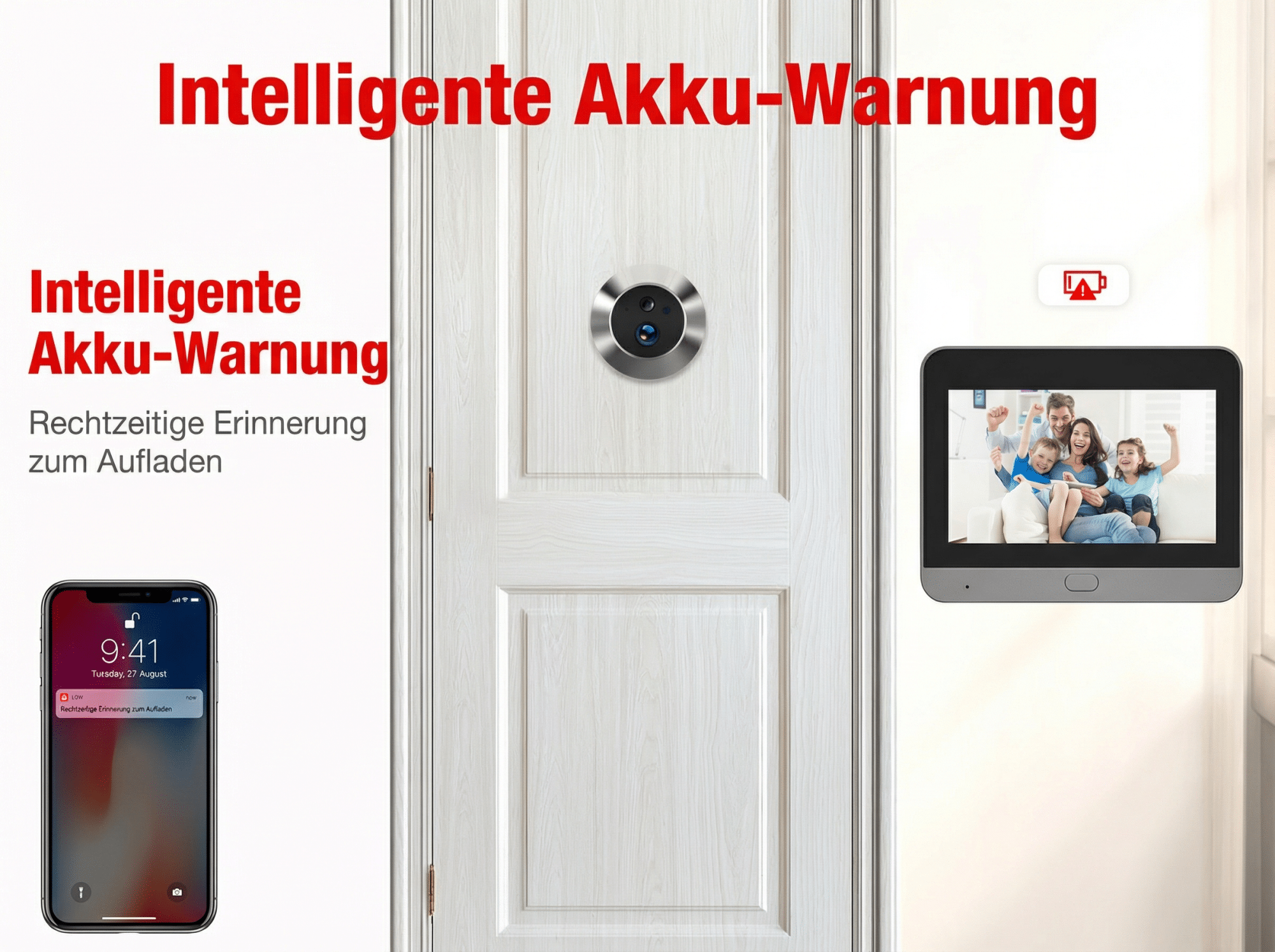 Türspionkamera mit Bildschirm, Handy und Akkusymbol.