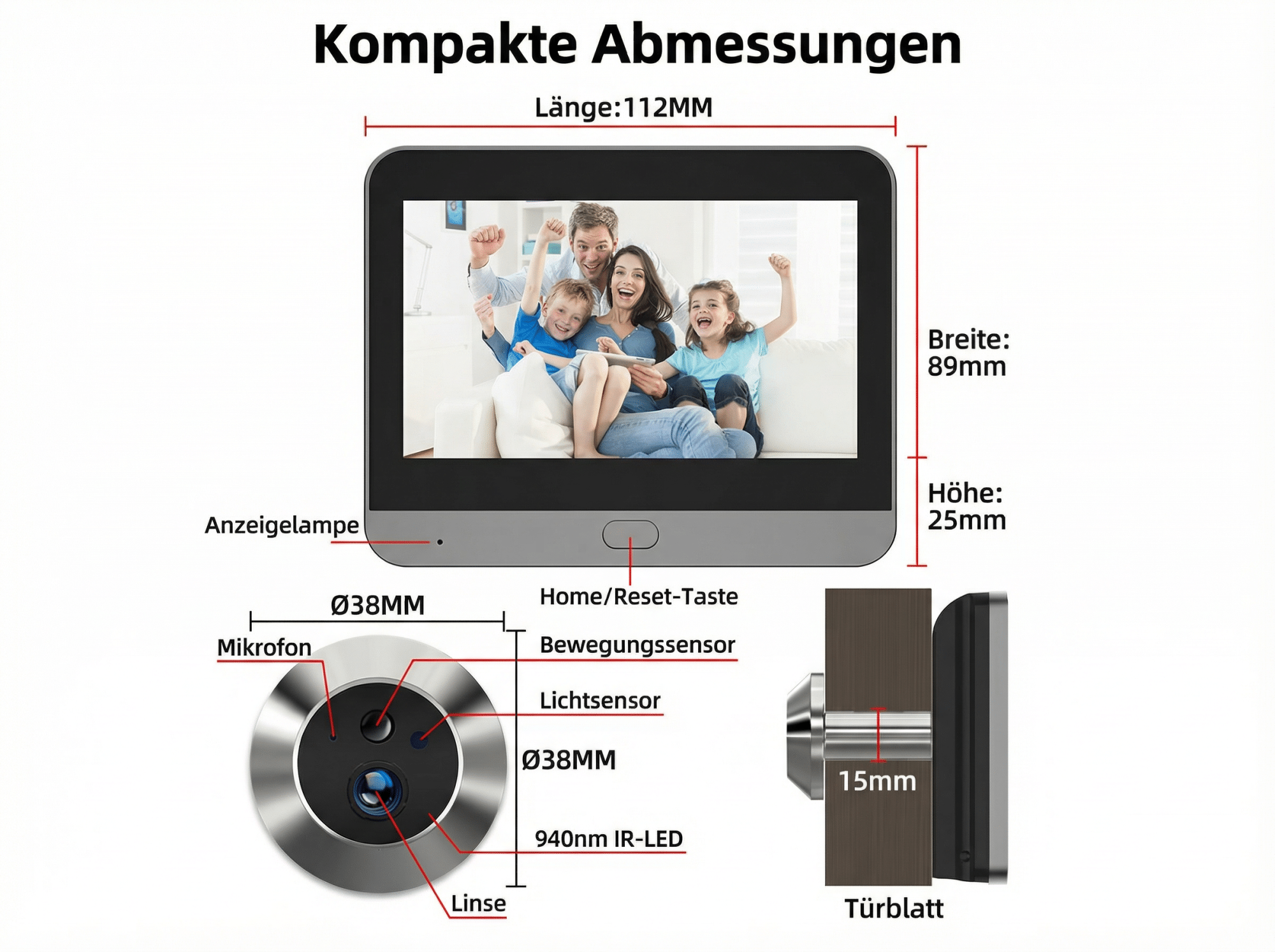 Technische Zeichnung eines Türspions mit Maßen und Komponenten.