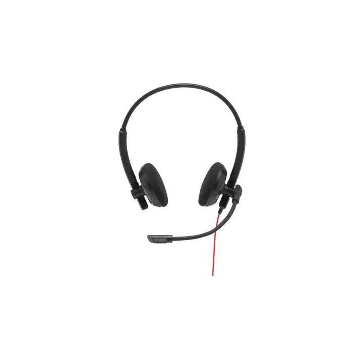 Schwarzes Headset mit Mikrofon und rotem Kabel auf weißem Hintergrund.