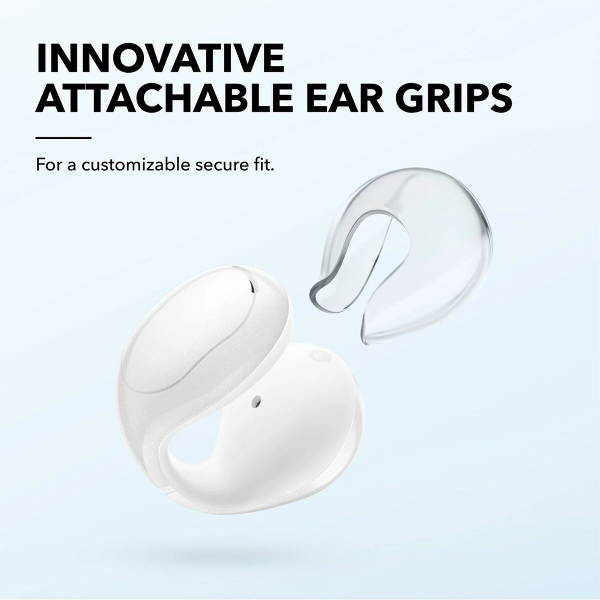 Auricolari bianchi con impugnature trasparenti per orecchie.