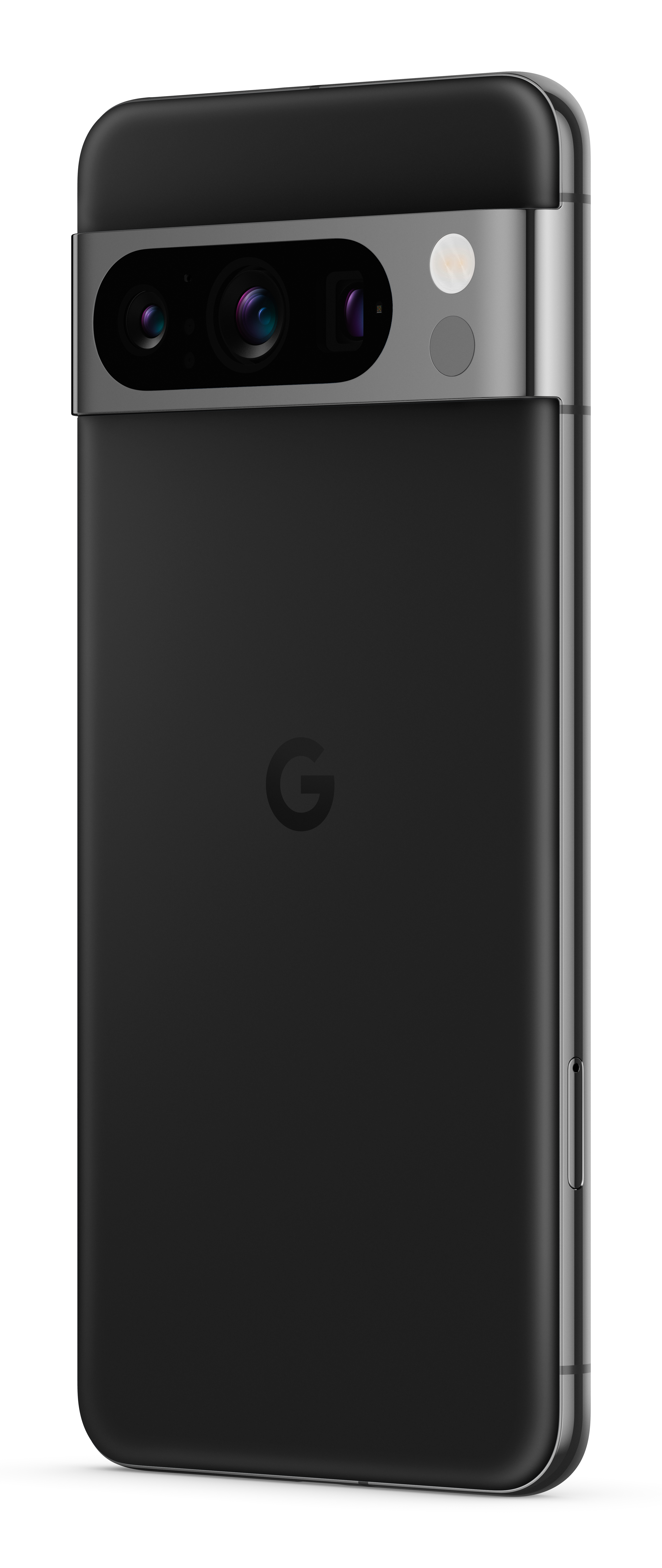 Back of a black Google Pixel 7 Pro smartphone with camera module.