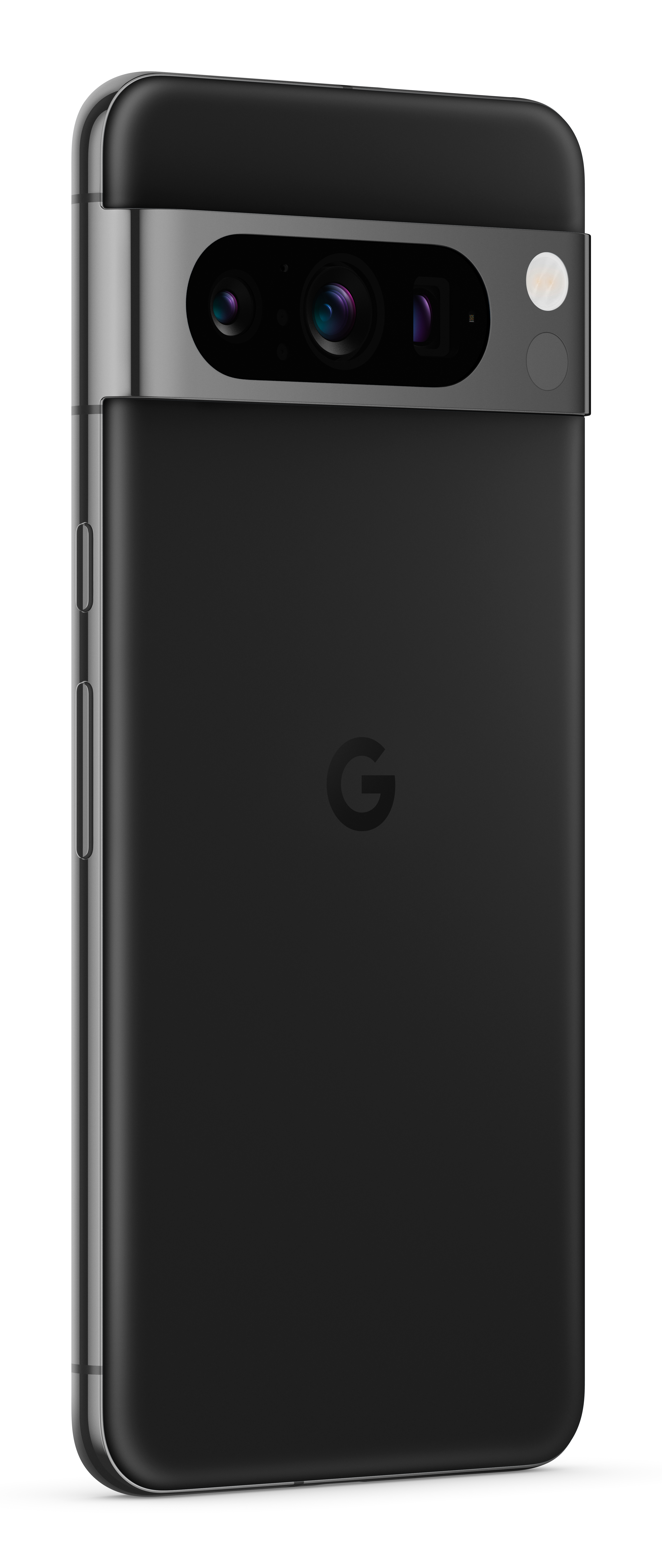 A black Google Pixel phone with three cameras and a flash.