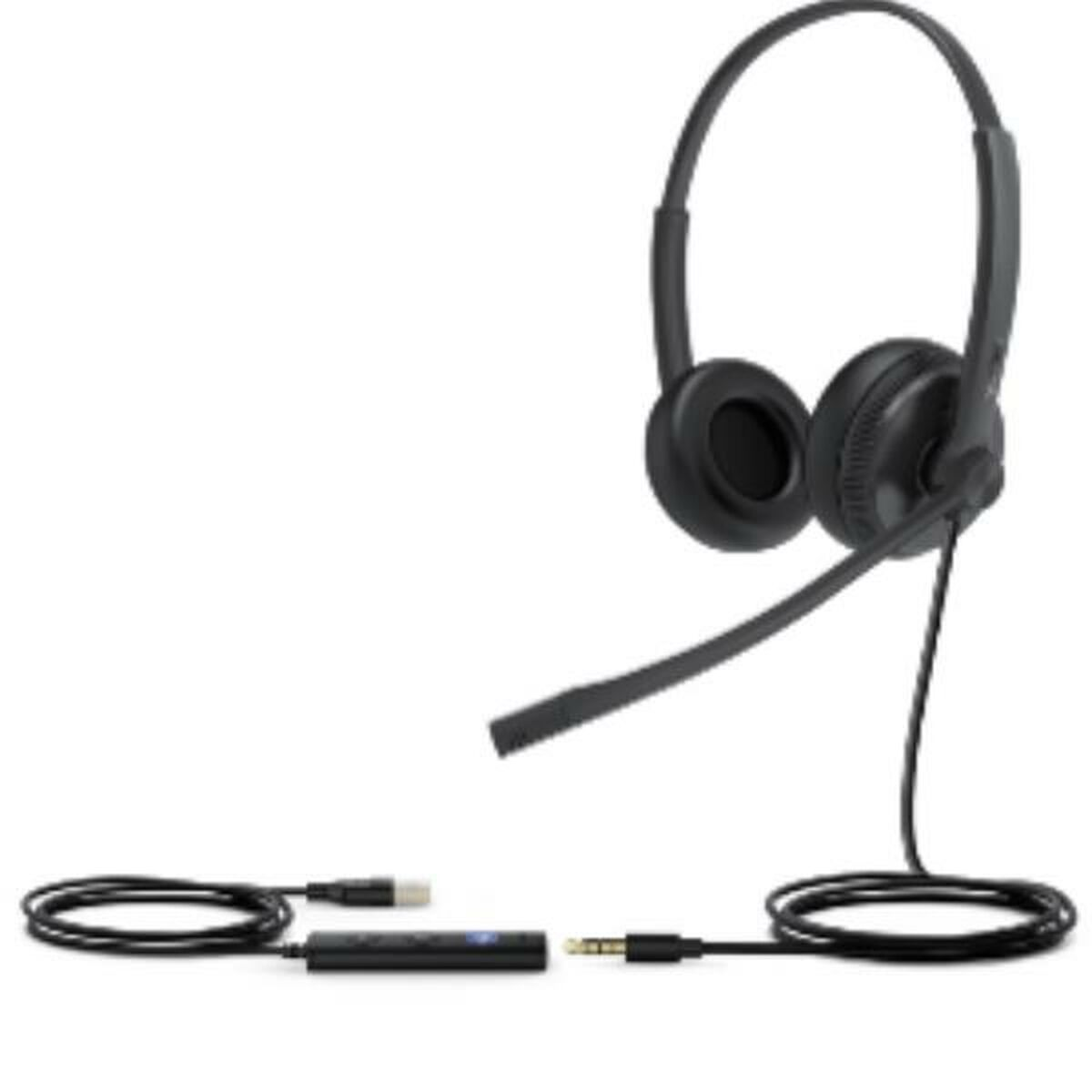 Un auricolare nero con microfono e cavi, su sfondo bianco.