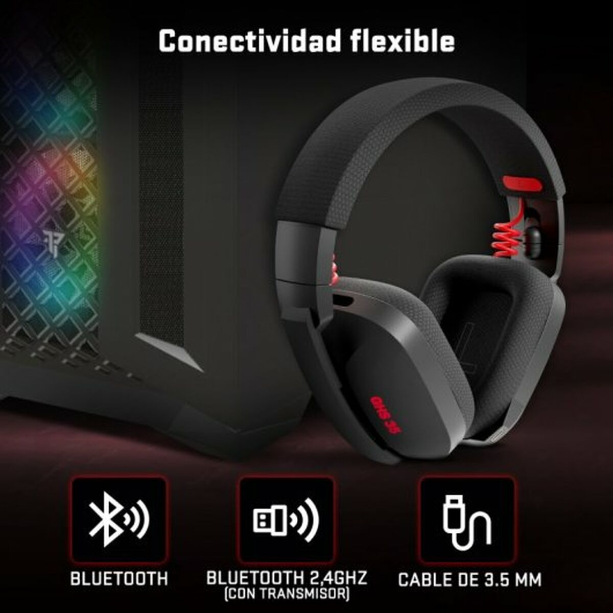 Cuffie nere con accenti rossi accanto a un PC con luci colorate.