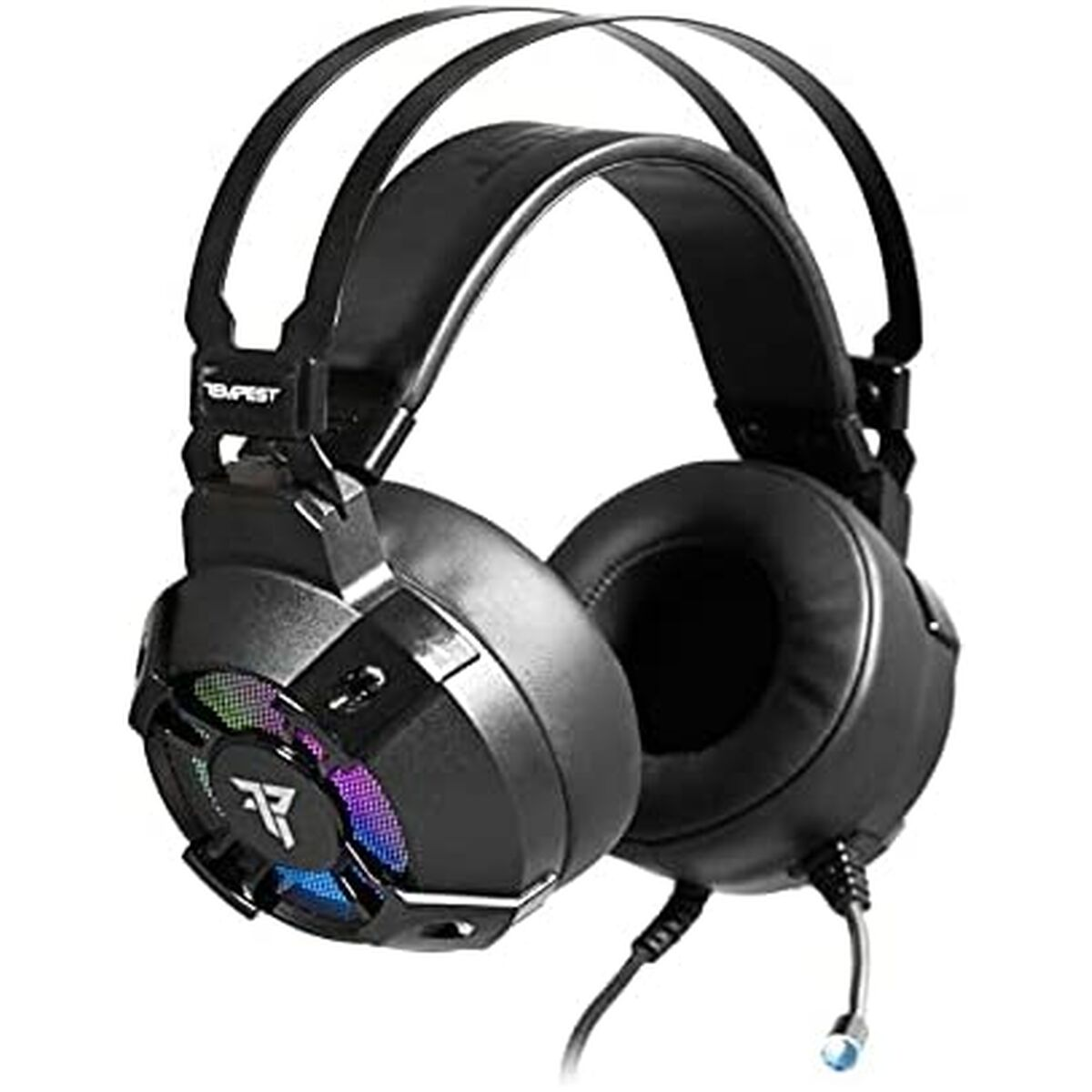 Cuffie da gaming nere con illuminazione RGB e microfono.