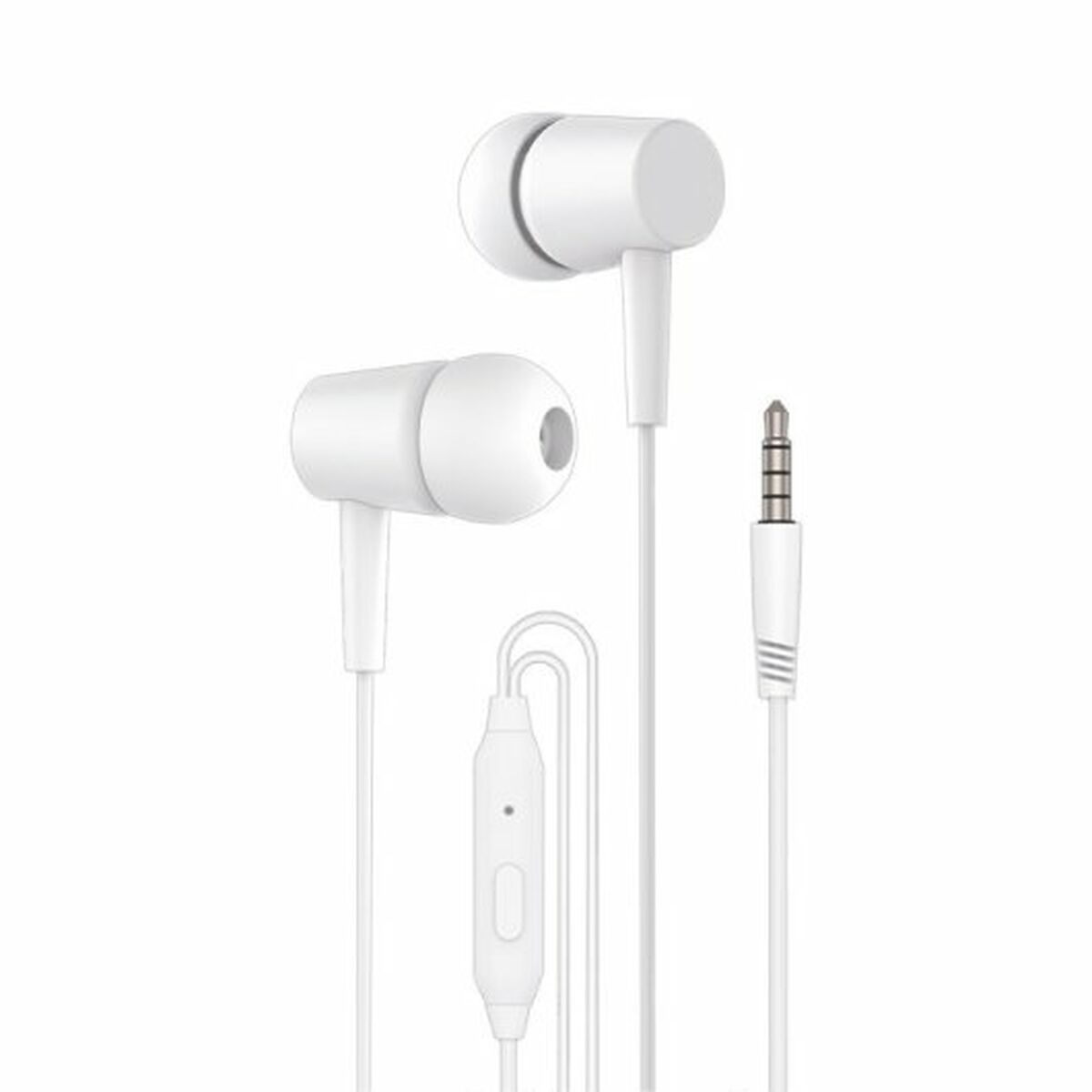 Weiße In-Ear-Kopfhörer mit Kabel und Stecker.