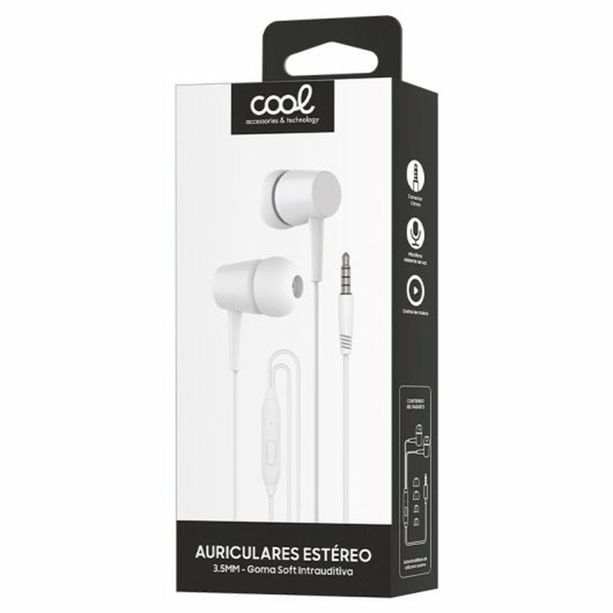 Verpackung mit weißen In-Ear-Kopfhörern und 3,5-mm-Anschluss.