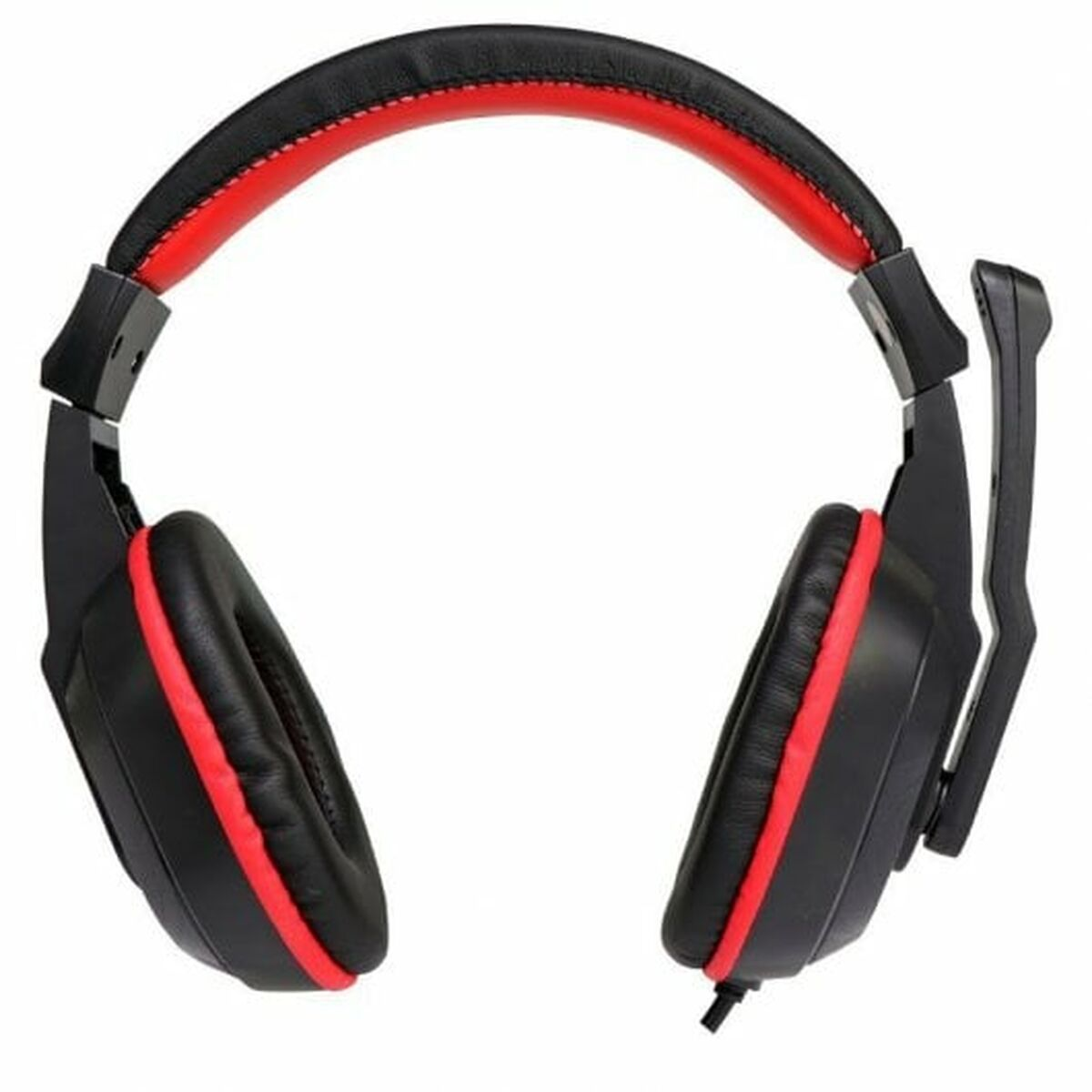 Cuffie da gaming nere e rosse con microfono su sfondo bianco.