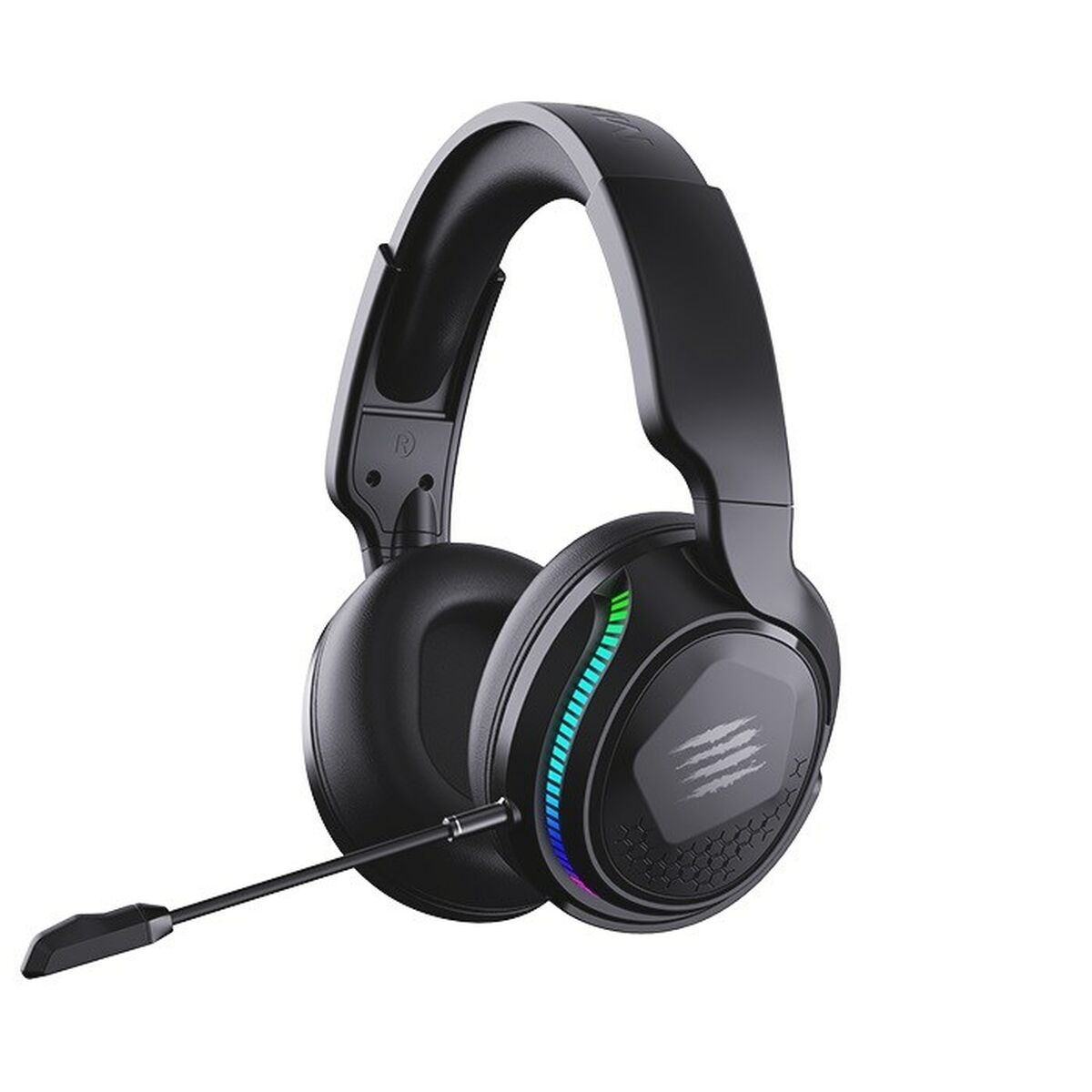 Schwarzer Gaming-Kopfhörer mit Mikrofon und RGB-Beleuchtung.