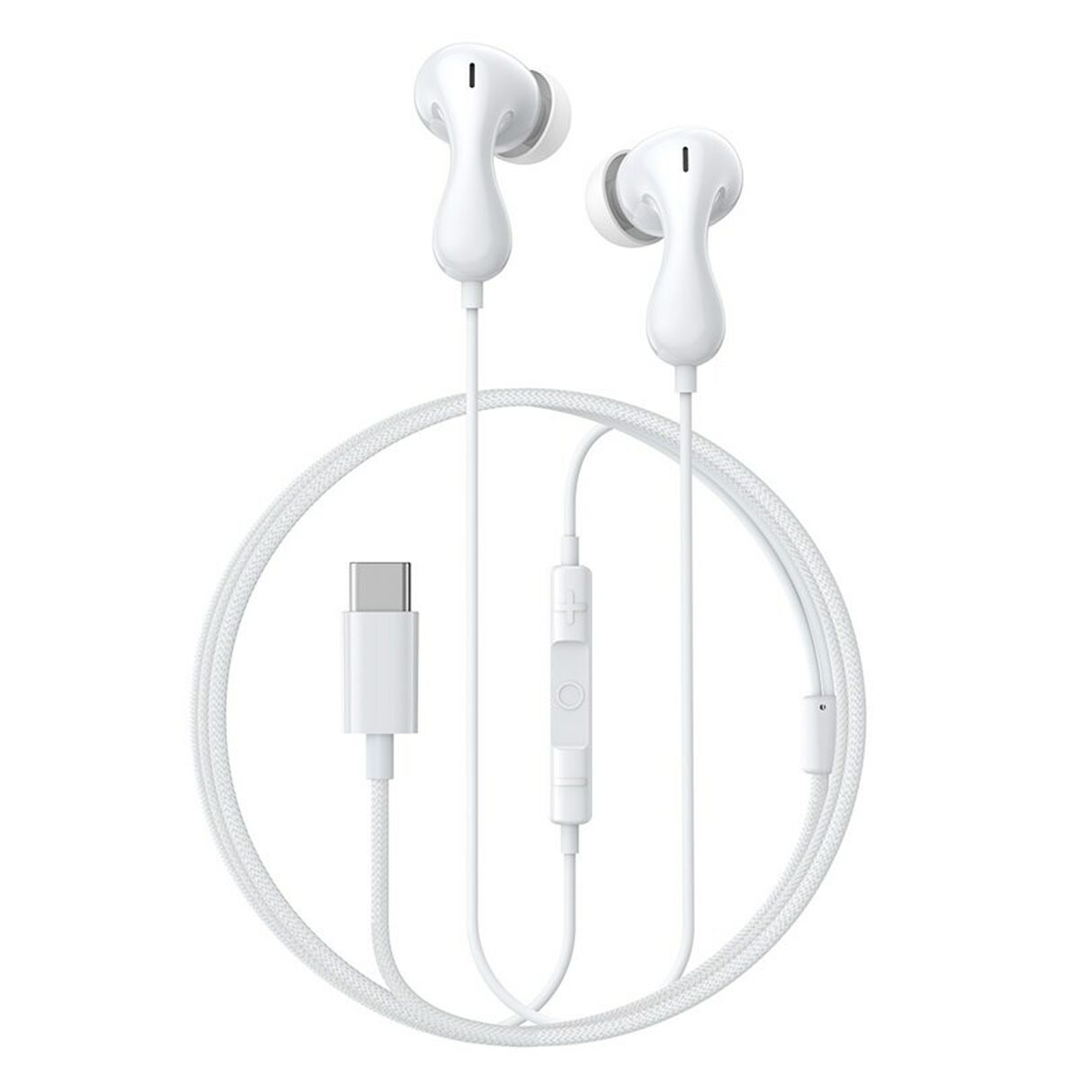 Auricolari bianchi in-ear con connettore USB-C, telecomando in linea e cavo intrecciato.