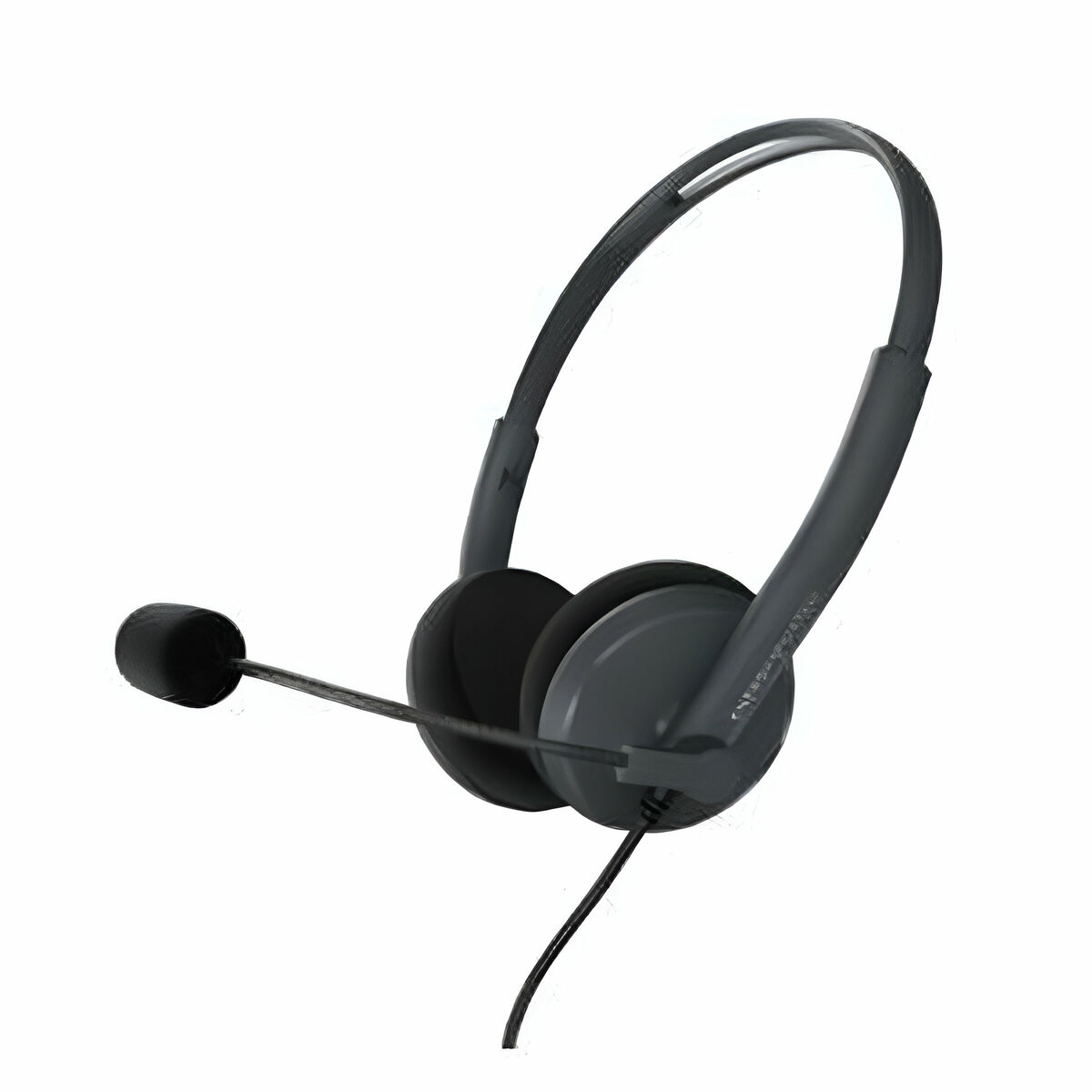 Cuffie grigie con microfono, isolate su sfondo bianco.