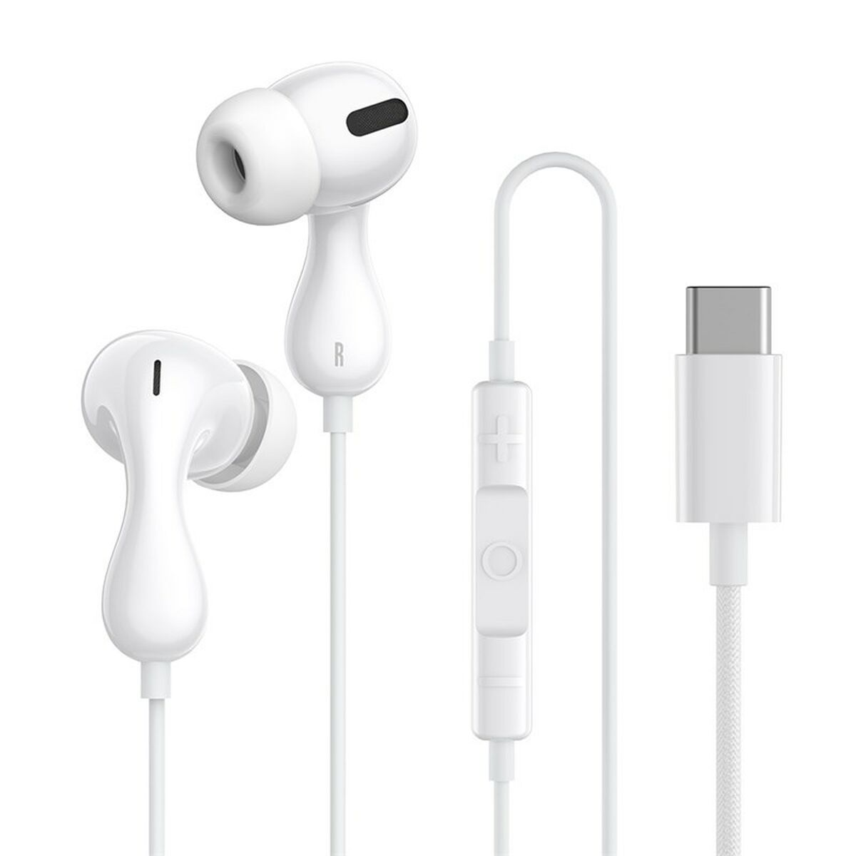 Auricolari bianchi cablati con connettore USB-C e controlli in linea.