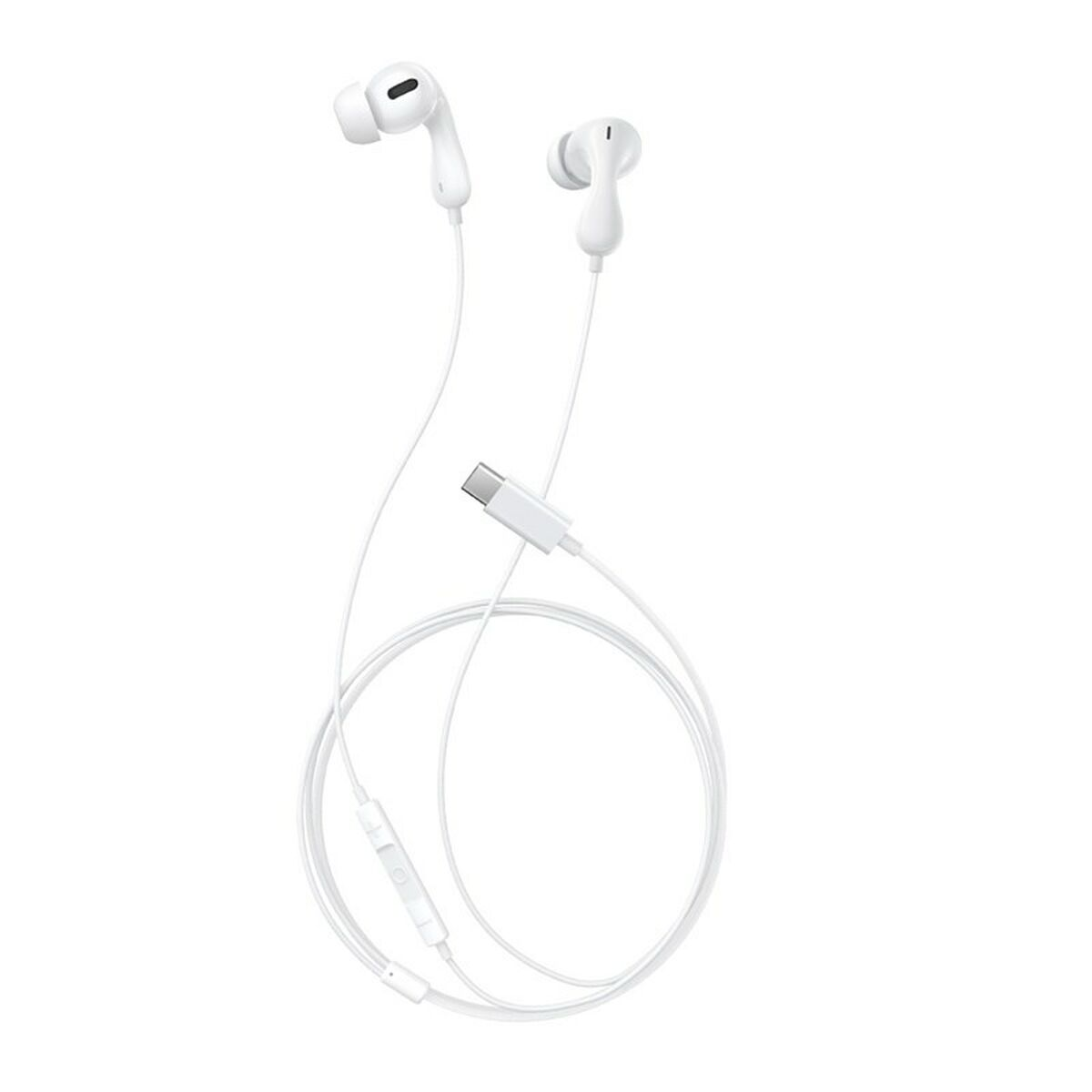 Auricolari bianchi con connettore USB-C e telecomando in linea su sfondo bianco.