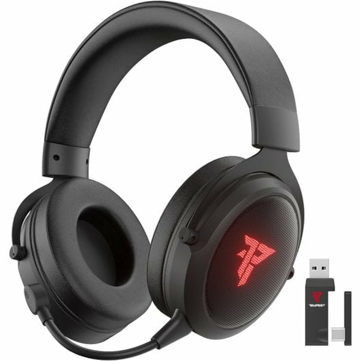 Cuffie da gaming nere con logo rosso e dongle USB.