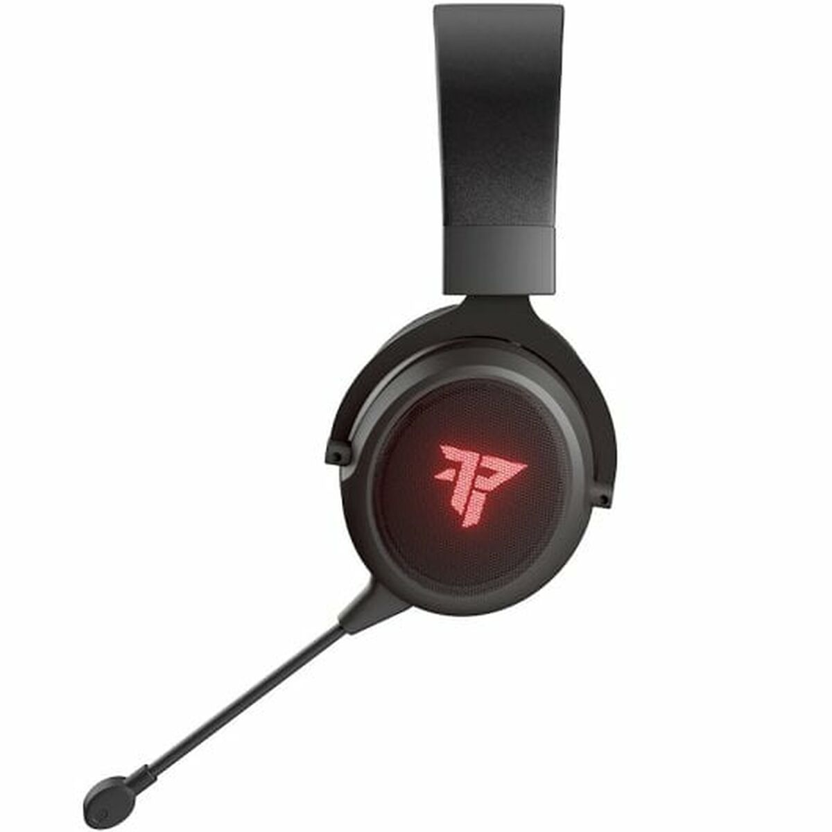 Cuffie nere con logo rosso e microfono su sfondo bianco.
