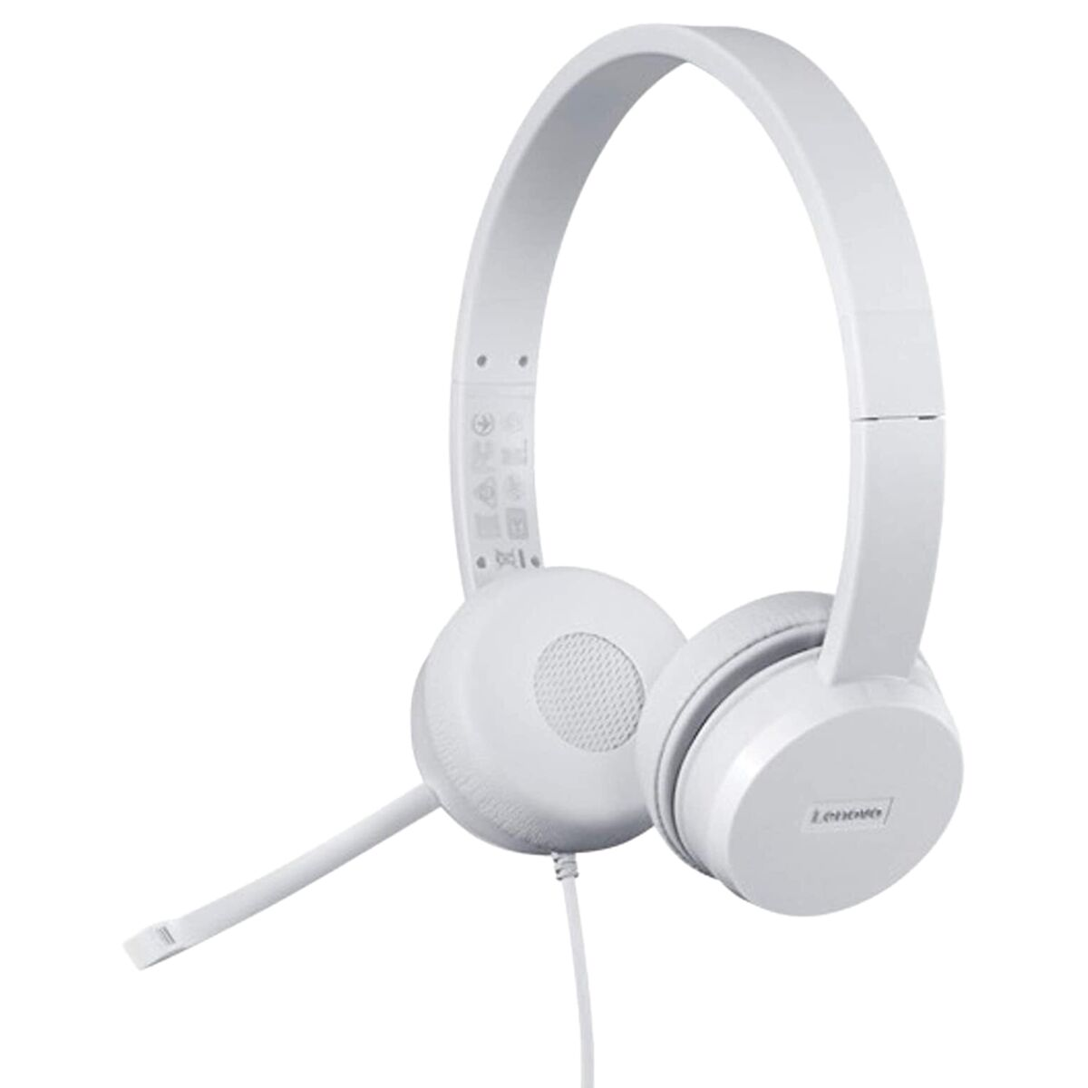 Cuffie bianche Lenovo con microfono, su sfondo bianco.