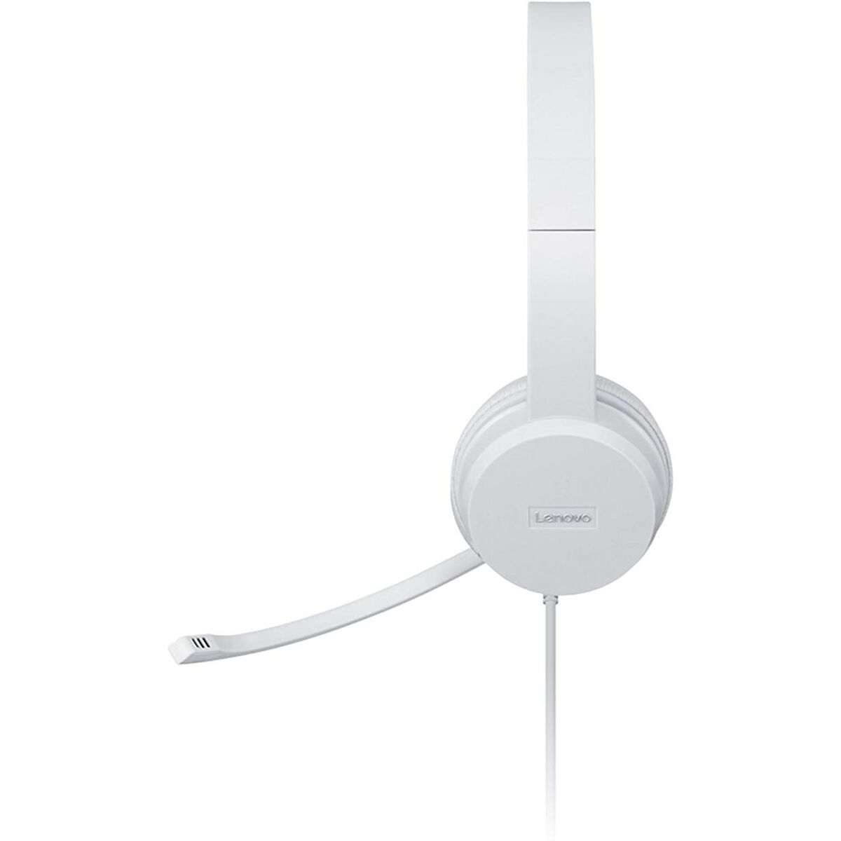 Cuffie bianche Lenovo con microfono su sfondo bianco.