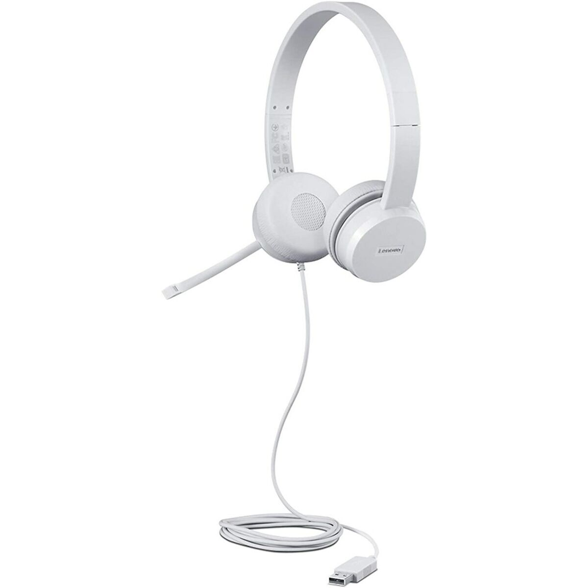 Cuffie bianche Lenovo con microfono e connettore USB su sfondo bianco.
